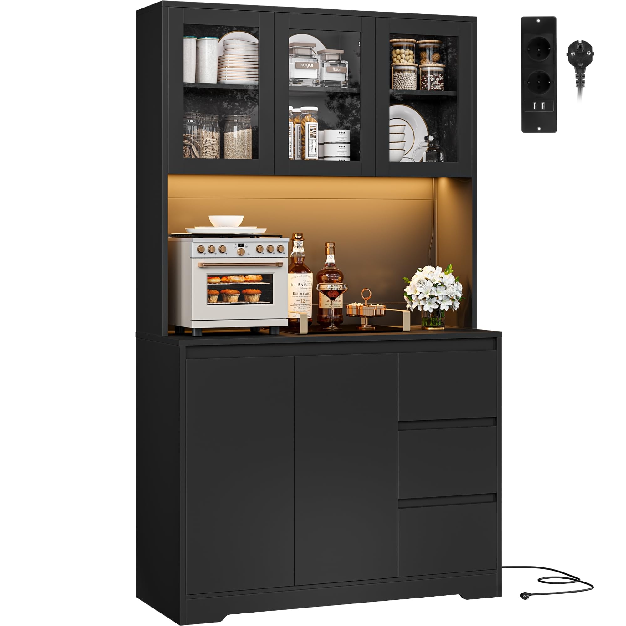 FirFurd Küchenschrank mit LED und Steckdosenleiste Buffetschrank Küchenschrank mit Arbeitsplatte und 3 Schubladen Küchenbuffet mit Verstellbares Regal Sideboard für Küche 180x100x38.5 cm weiß