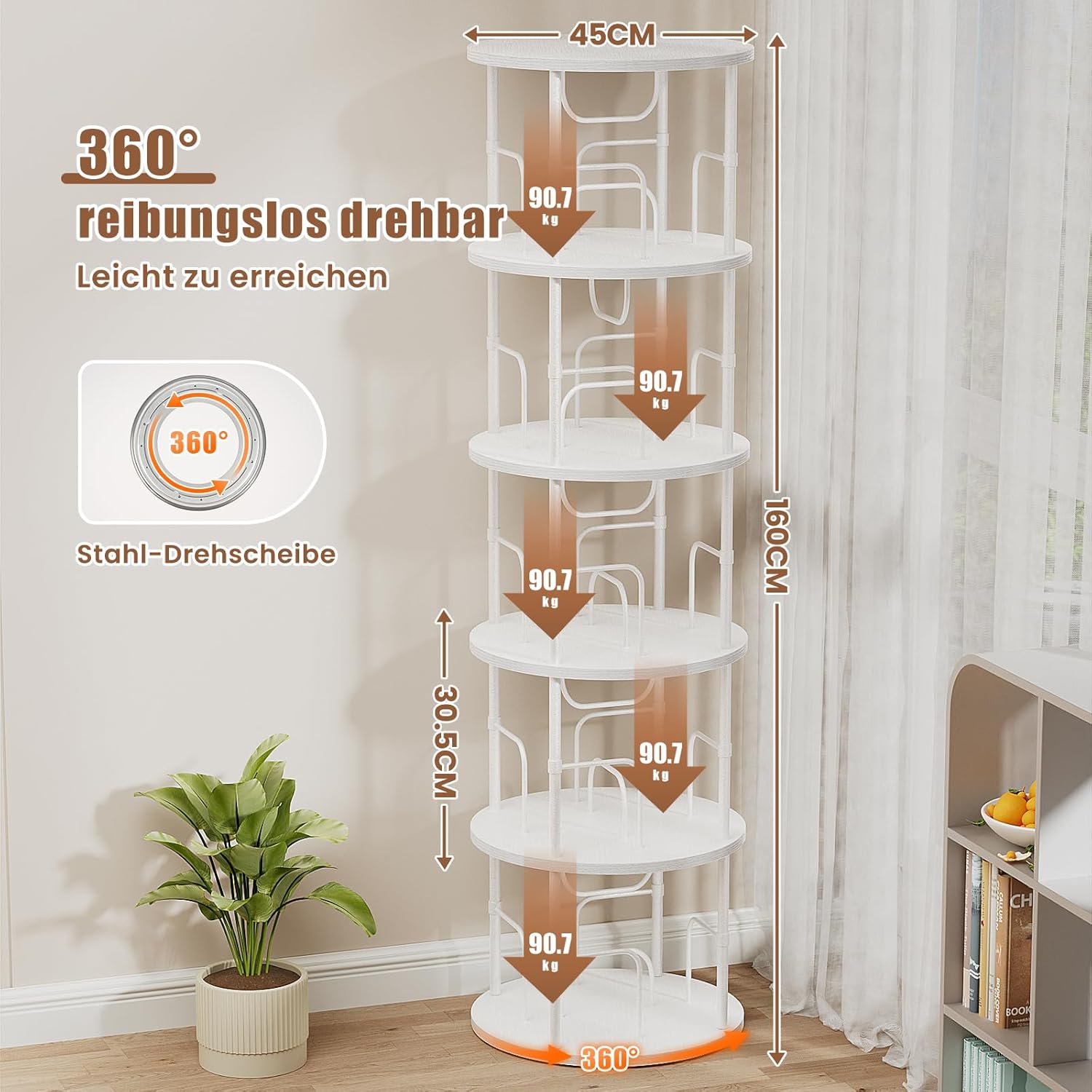 Generisch 360° Drehbares Bücherregal, Bodenstehendes Bücherschrank Aus Holz, Bookshelf Mit 5 Ebenen, Verstellbare Ebenen, Standregal, 45×45×160cm, Weiß