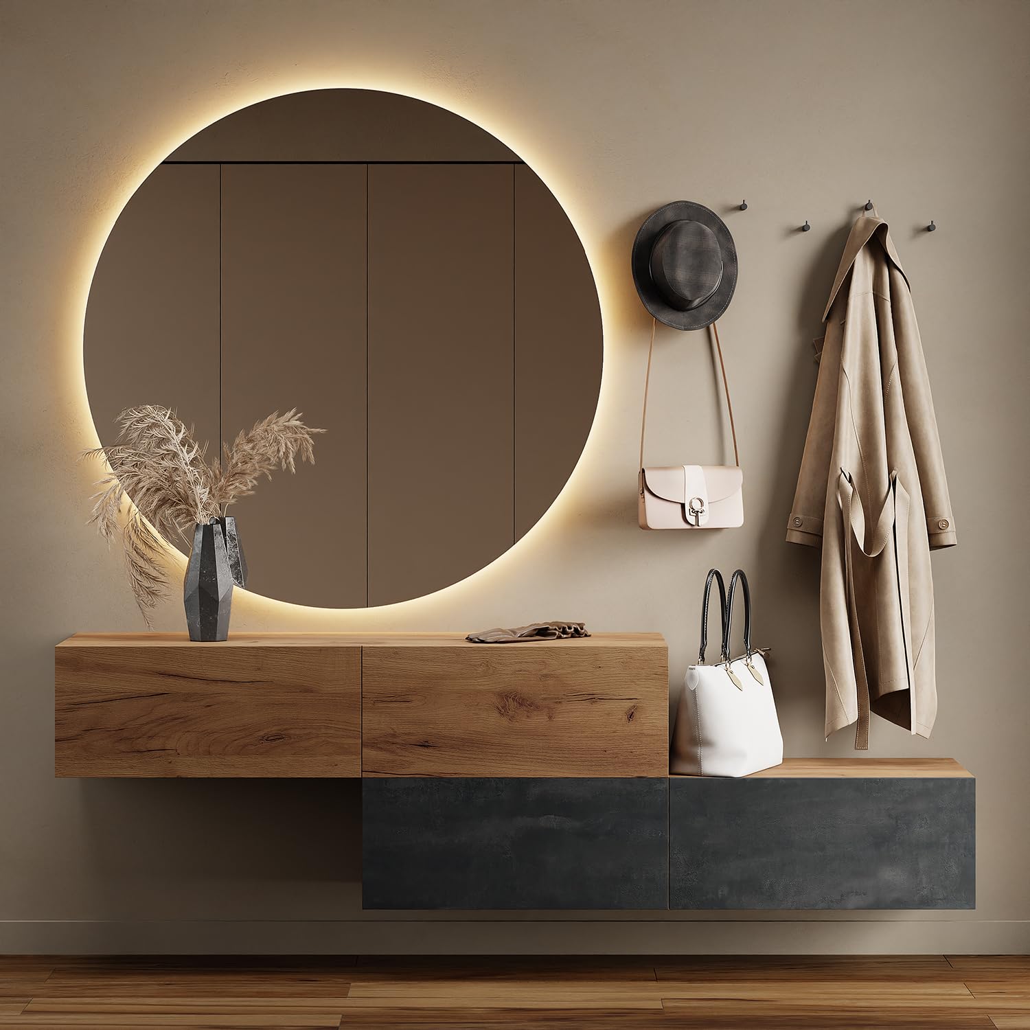 Planetmöbel Flur Möbel Garderobe Hängeschrank 2X 140 cm Gold Eiche - Anthrazit, Kompaktgarderobe mit Klappe als Stauraum, Wandgarderobe hängend oder stehend, 37,8T x 140B x 32,5H cm