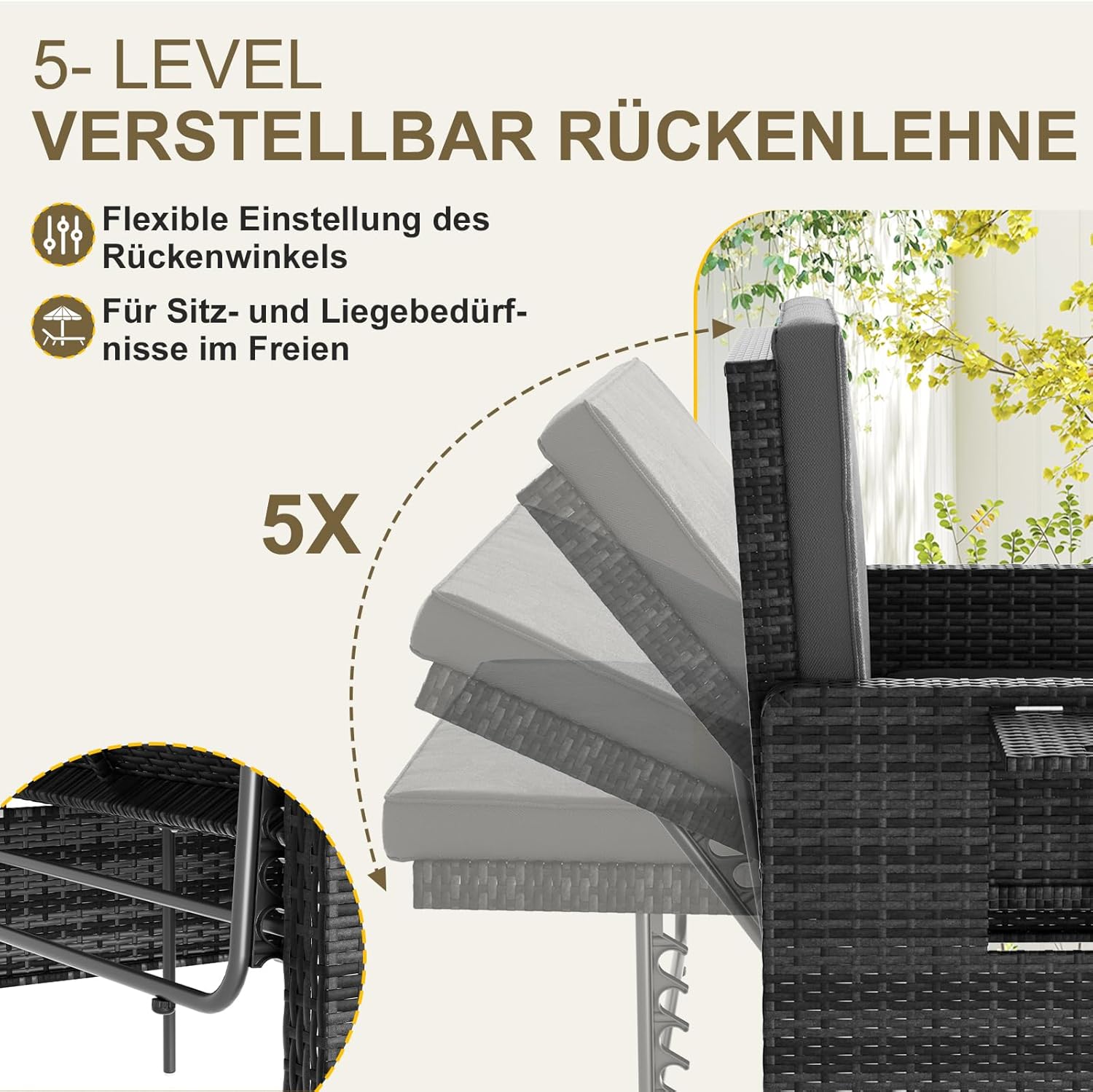 UDPATIO Rattan Lounge Möbel Outdoor, Lounge Balkonmöbel Gartensofa mit Hocker,Rattan Sofa mit Stauraum, Verstellbares 2 Sitzer Garten-Bett für Terrasse,Balkon,Garten,Grau-meliert & Dunkelgraue Bezüge