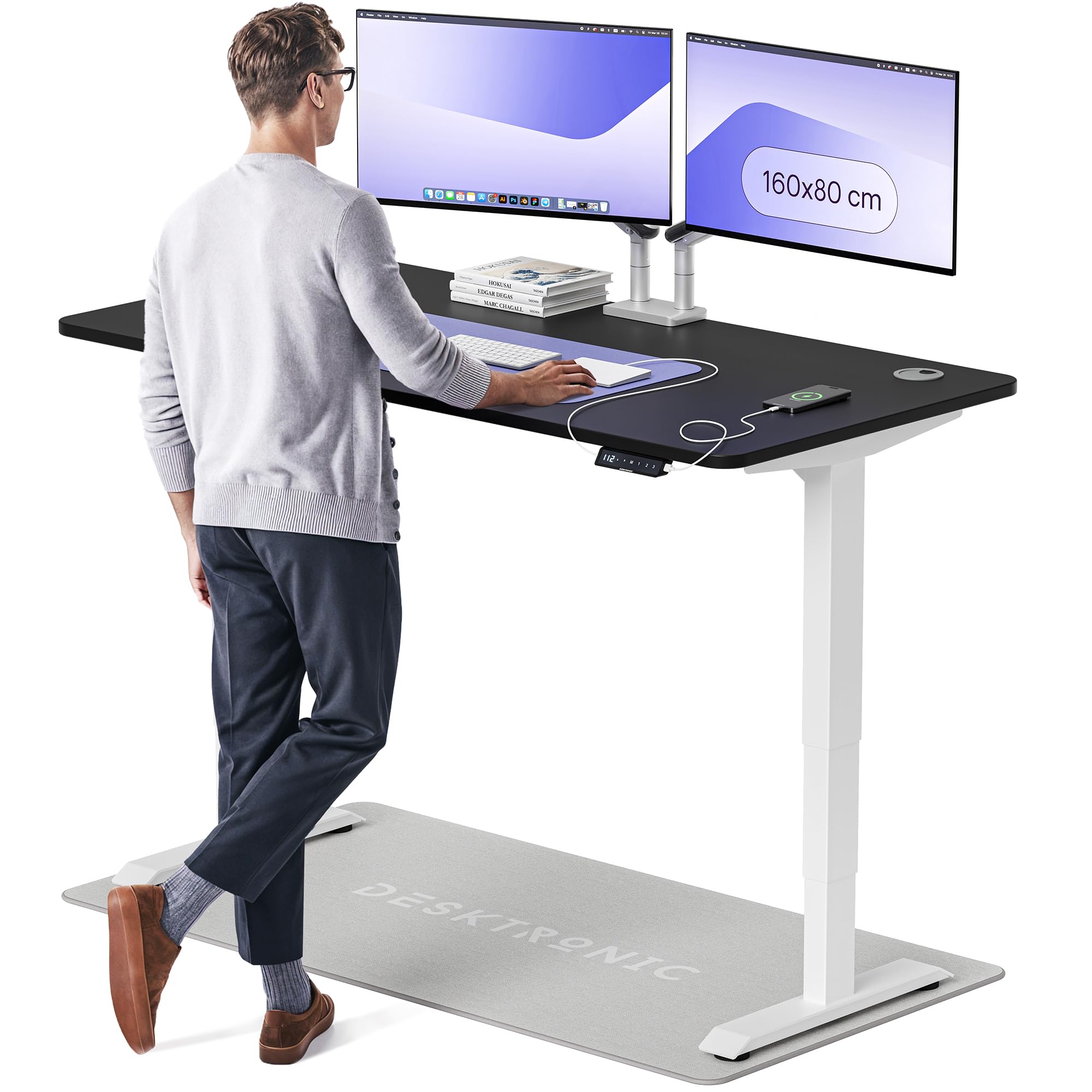 Desktronic HomePro Höhenverstellbarer Schreibtisch 160 × 80 cm – Elektrischer Schreibtisch Mit Zwei Elektrischen Motoren, Touchscreen-Steuerung und Integrierten USB-A- und USB-C-Ladeanschlüssen