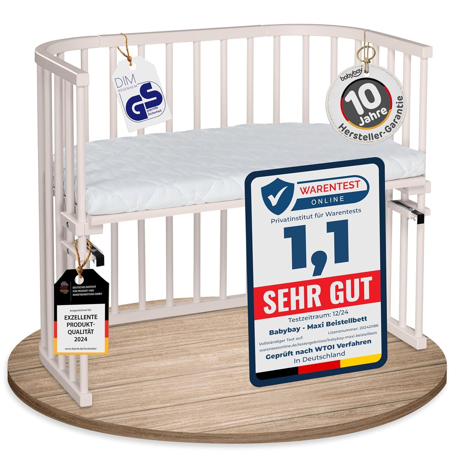 babybay Original Beistellbett aus massivem Buchenholz / kompakt & verwandelbar / Kinderbett Höhe stufenlos verstellbar & umweltfreundlich / mitwachsendes Babybett (weiß lackiert) / inkl. Matratze