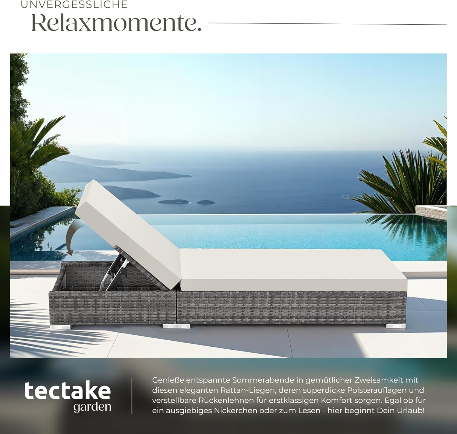 tectake® 2er Garten Lounge Sonnenliegen Set mit Tisch, Aluminium Gartenliege, Gartenlounge Outdoor, Relaxliege inkl. 2 Bezugsets und Schutzhülle, Outdoor Poly Rattan Gartenmöbel Set, 2er Set - grau