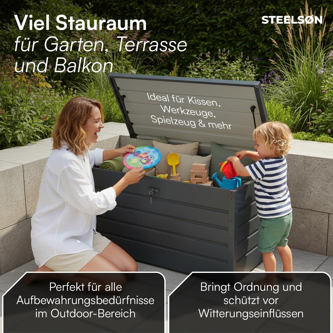 STEELSØN Dorado Gartenbox aus verzinktem Metall 350 Liter – Outdoor Box wasserdicht Anthrazit – Auflagenbox abschließbar mit klappbarem Deckel – Aufbewahrungsbox Garten/Balkon/Terrasse 120x62x63 cm