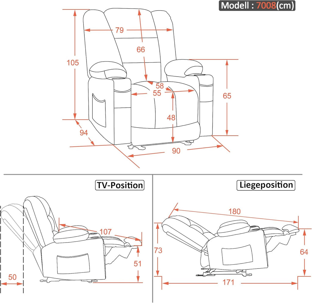 M MCombo Fernsehsessel elektrisch verstellbar 7008, Relaxsessel mit Liegefunktion, TV Sessel mit Massage & Wärmefunktion, USB & Getränkehalter, Wohnzimmer (Stoff, Grau)