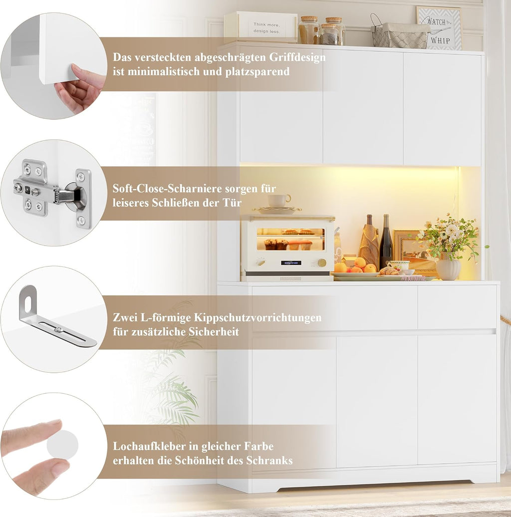 FirFurd Küchenschrank Buffetschrank mit LED und Steckdose Küchenschrank mit Arbeitsplatte Sideboard für Küche Wohnzimmer Esszimmer Küchenbuffet 180x100x38,5cm weiß