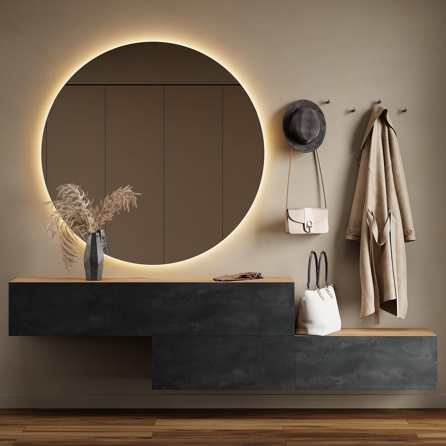 Planetmöbel Flur Möbel Garderobe Hängeschrank 2X 140 cm Gold Eiche - Anthrazit, Kompaktgarderobe mit Klappe als Stauraum, Wandgarderobe hängend oder stehend, 37,8T x 140B x 32,5H cm