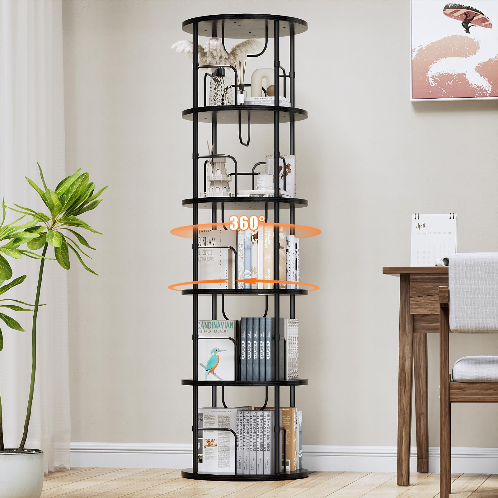 Generisch 360° Drehbares Bücherregal, Bodenstehendes Bücherschrank Aus Holz, Bookshelf Mit 5 Ebenen, Verstellbare Ebenen, Standregal, 45×45×160cm, Weiß