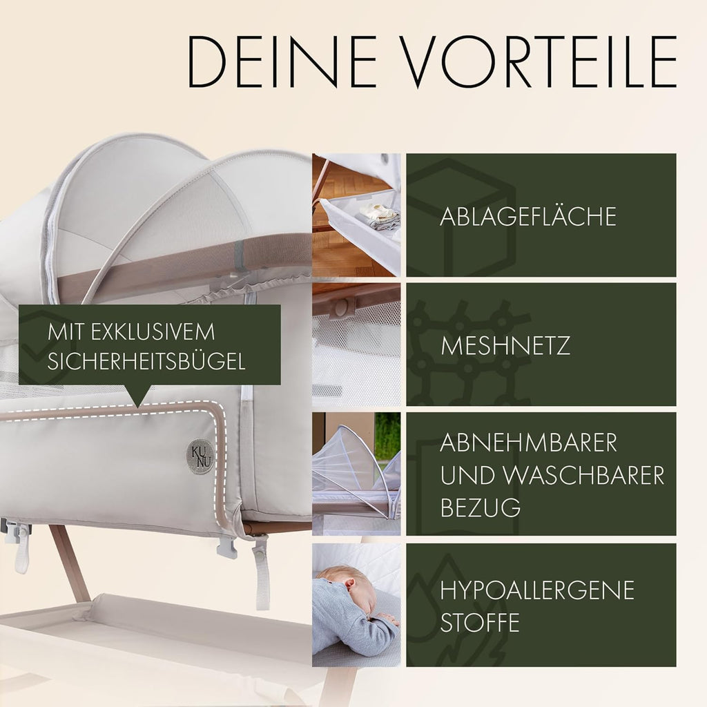 KUNU® Babybett - Beistellbett Baby mit Rollen für Boxspringbett - 3 in 1 rollbares Baby Bett Reise Babywiege - Stubenwagen mit Wiegefunktion & höhenverstellbar - Sicheres Reisebett inkl Reisetasche