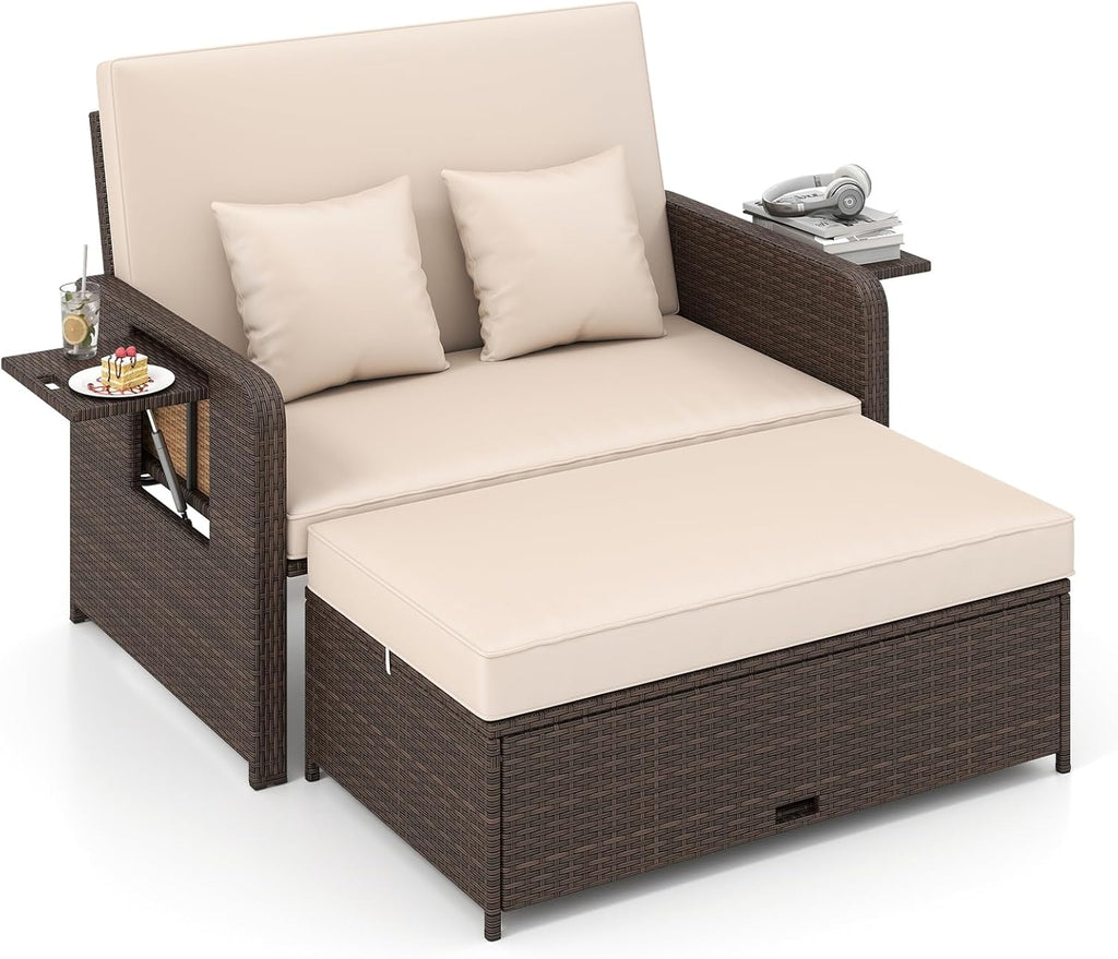 GIANTEX Lounge Möbel Outdoor, Rattan Gartenlounge Set mit Hocker, Gartensofa mit Liegefunktion, Balkon Lounge Set, Doppelliege Outdoor Sofa, Balkonmöbel Sonneninsel Loungebett mit stauraum | Drei in einem Design