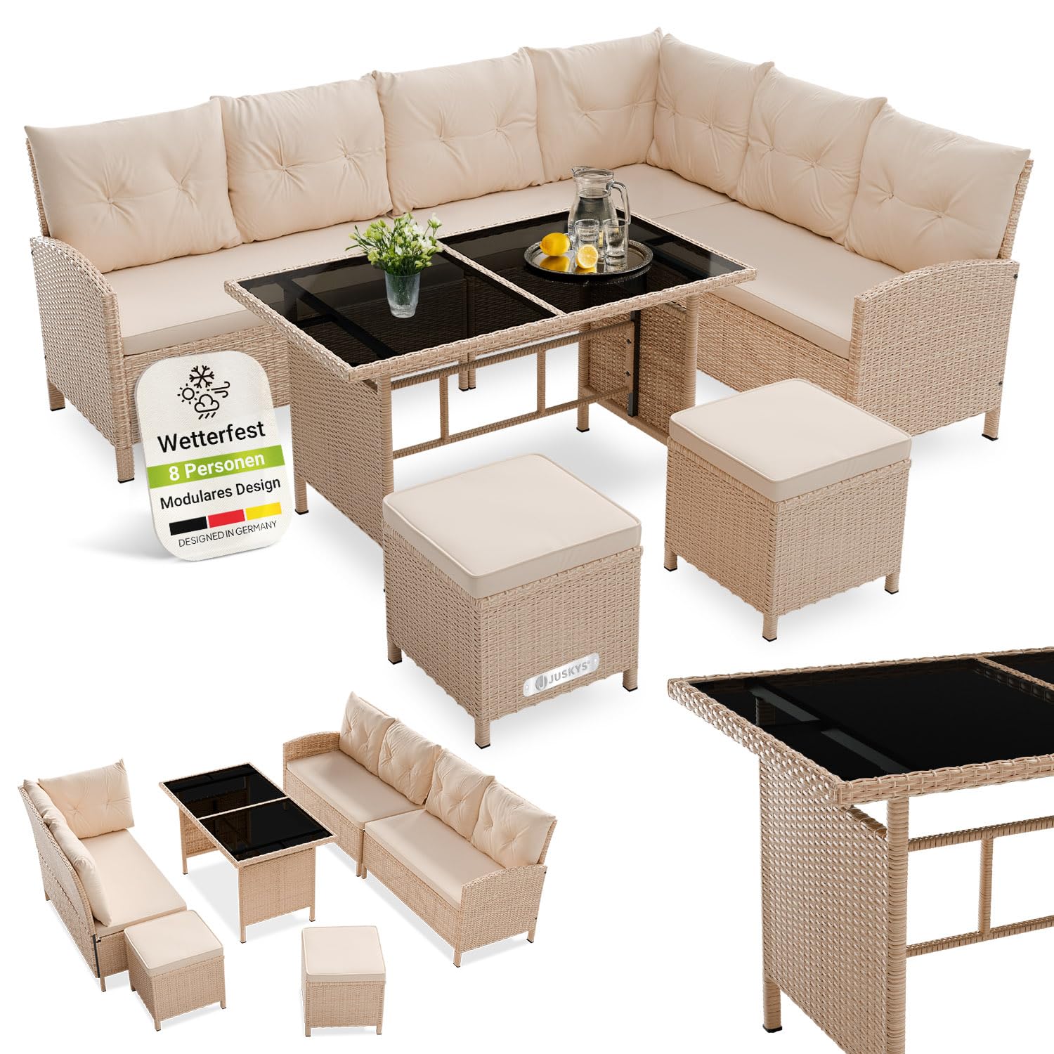 Juskys Polyrattan Lounge Manacor mit Ecksofa, Esstisch, 2 Hocker & Kissen - wetterfest bis 7 Personen - Bezüge waschbar - Rattan Garten Sitzgruppe Gartenlounge Gartenmöbel Set - Grau-meliert