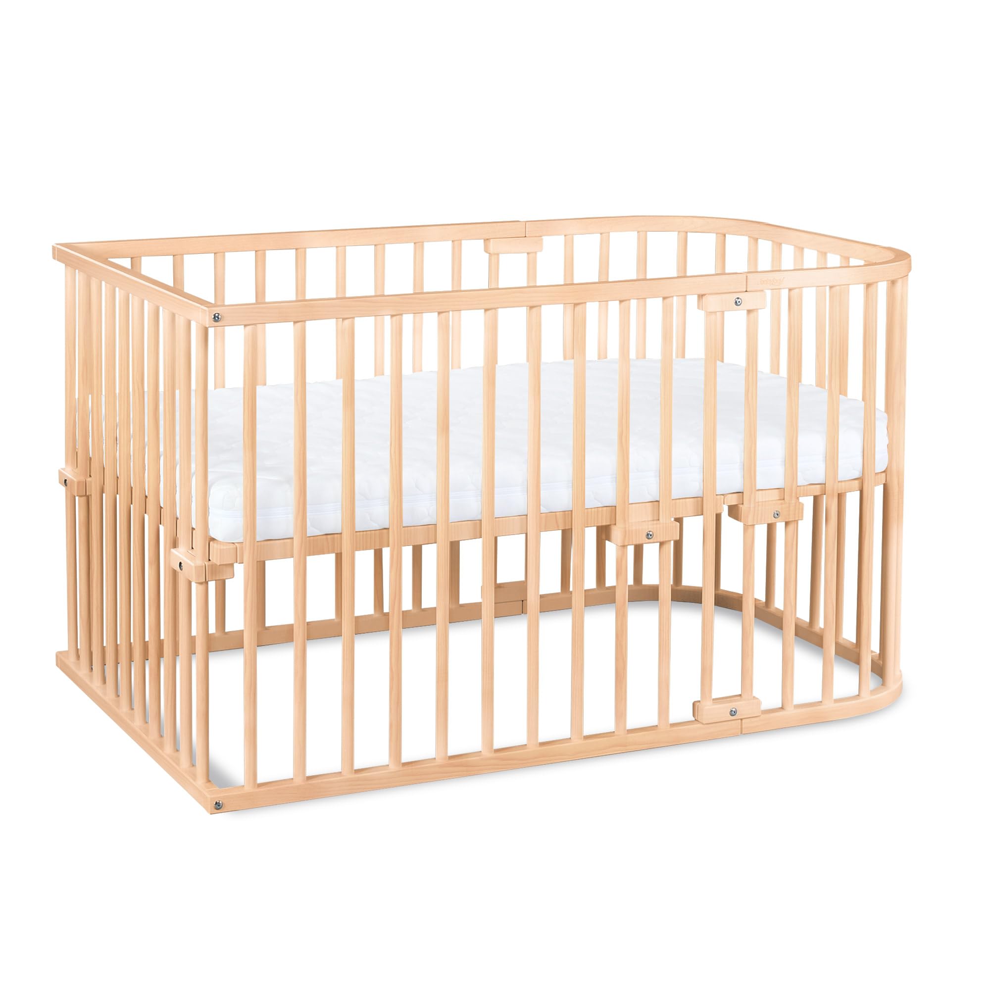babybay Original Beistellbett aus massivem Buchenholz / kompakt & verwandelbar / Kinderbett Höhe stufenlos verstellbar & umweltfreundlich / mitwachsendes Babybett (weiß lackiert) / inkl. Matratze