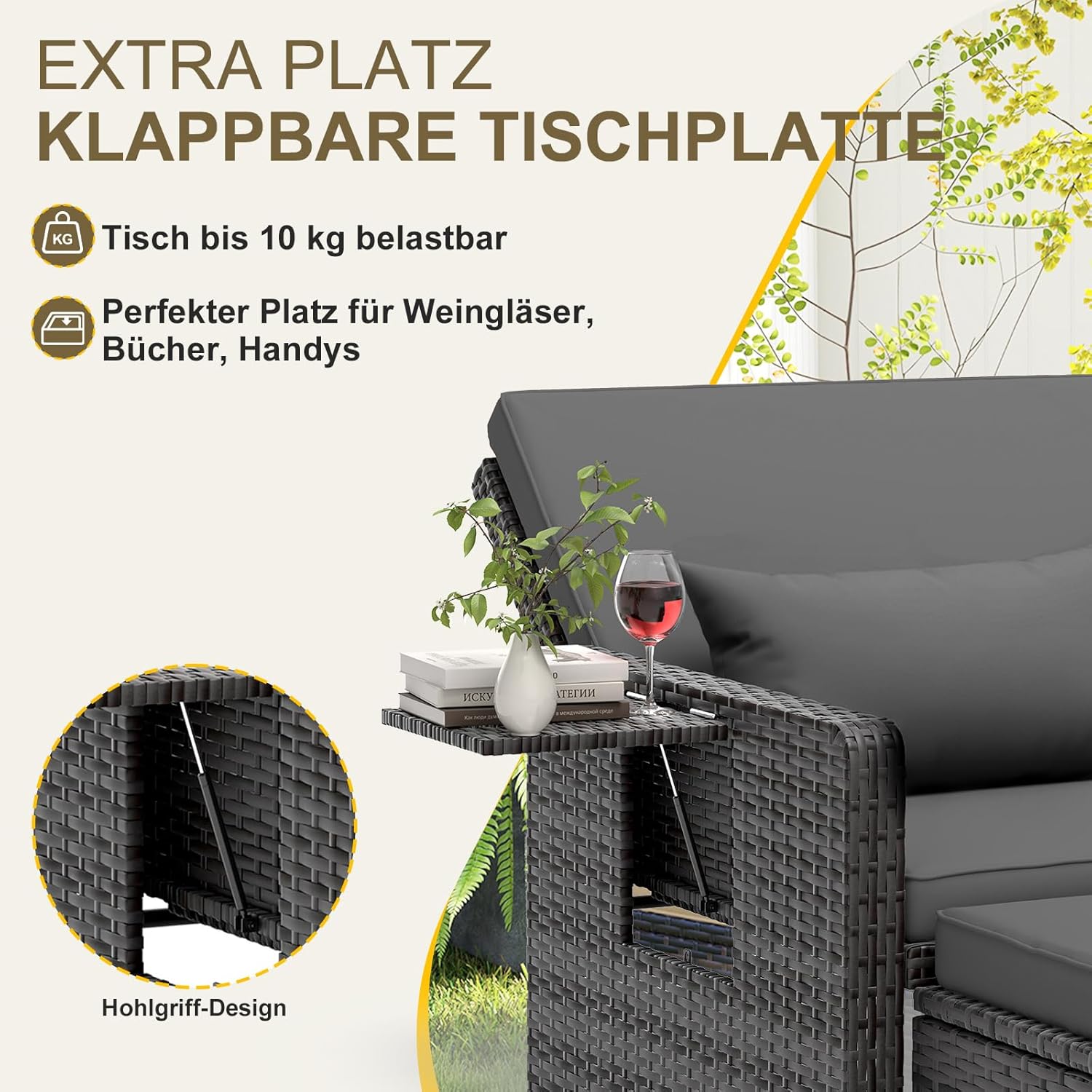 UDPATIO Rattan Lounge Möbel Outdoor, Lounge Balkonmöbel Gartensofa mit Hocker,Rattan Sofa mit Stauraum, Verstellbares 2 Sitzer Garten-Bett für Terrasse,Balkon,Garten,Grau-meliert & Dunkelgraue Bezüge