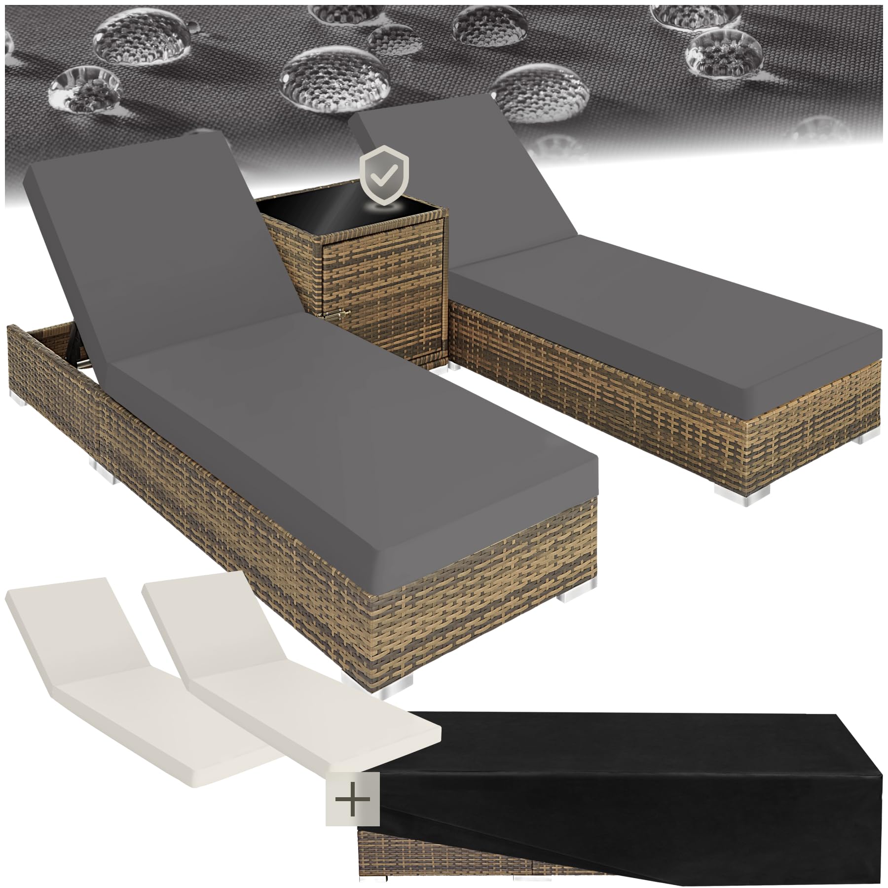tectake® 2er Garten Lounge Sonnenliegen Set mit Tisch, Aluminium Gartenliege, Gartenlounge Outdoor, Relaxliege inkl. 2 Bezugsets und Schutzhülle, Outdoor Poly Rattan Gartenmöbel Set, 2er Set - grau