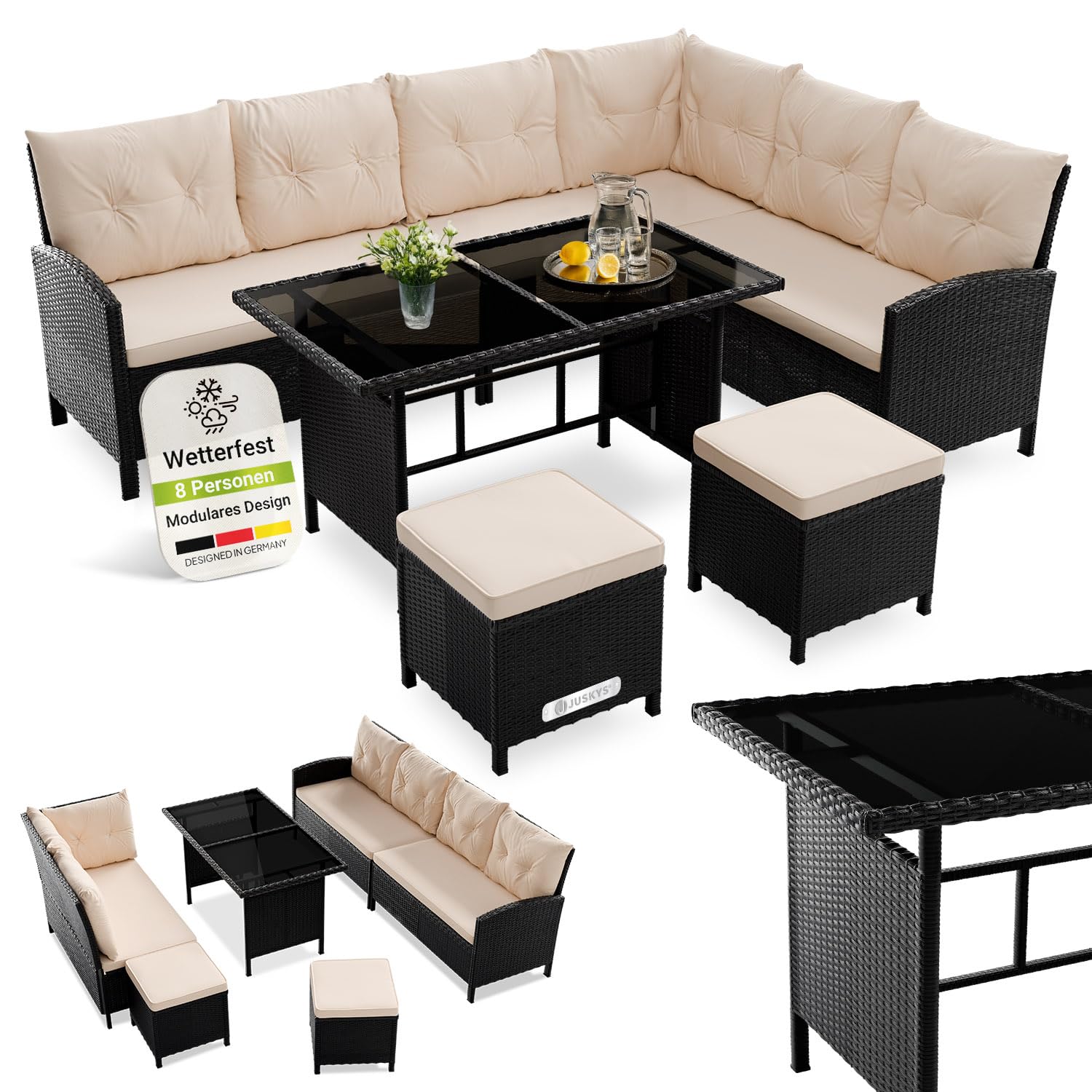 Juskys Polyrattan Lounge Manacor mit Ecksofa, Esstisch, 2 Hocker & Kissen - wetterfest bis 7 Personen - Bezüge waschbar - Rattan Garten Sitzgruppe Gartenlounge Gartenmöbel Set - Grau-meliert