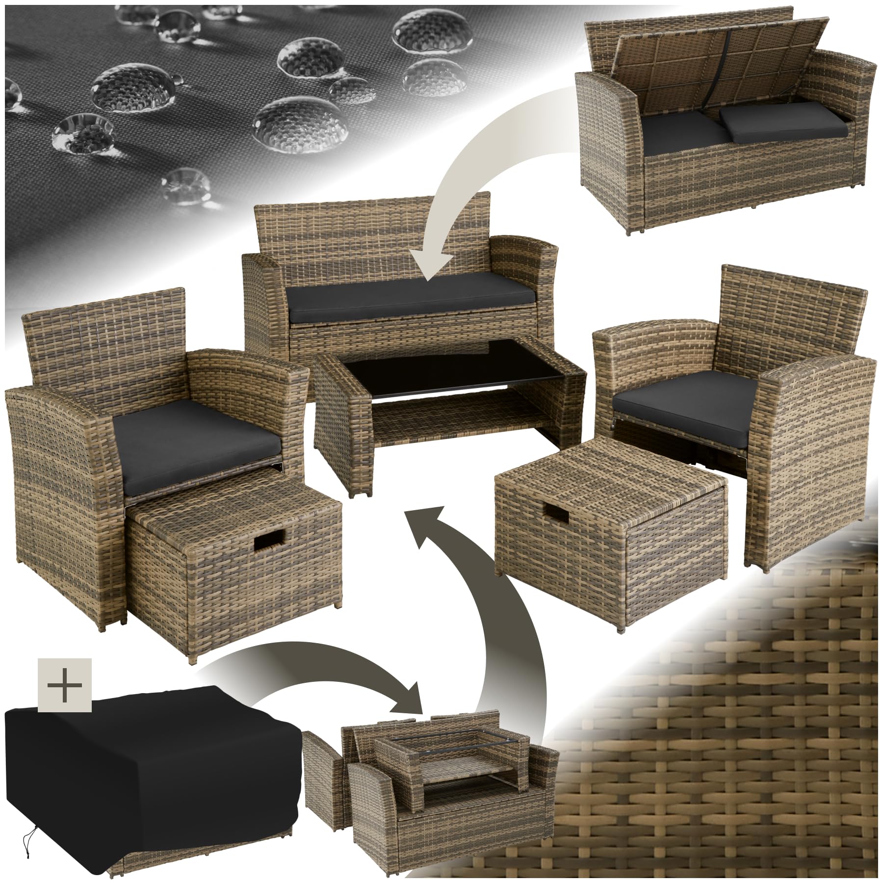 tectake Polyrattan Garten Sitzgruppe für 4 Personen mit Hocker, Rattan Gartenmöbel Set mit eingebauter Auflagenbox in der Sitzbank, Garten und Balkon Möbel - grau
