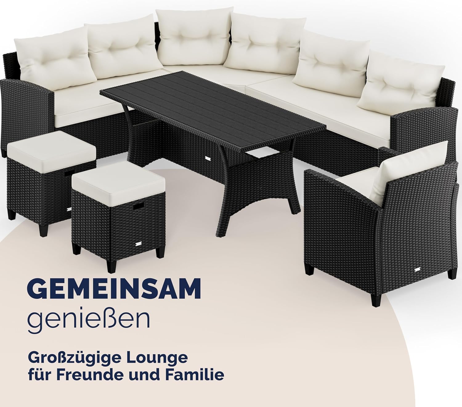 Casaria® Polyrattan Ecklounge Set WPC Esstisch Ecksofa Sessel 2 Hocker inkl. Sitzauflagen Kissen Wetterfest Outdoor Lounge Garten Terrasse Balkon Möbel