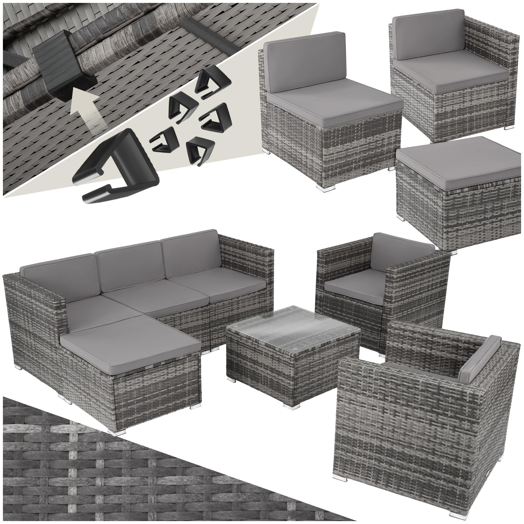 tectake® Poly Rattan Lounge, Outdoor Sitzgruppe, Set mit Sofa, 2 Sesseln, Hocker, Tisch, frei kombinierbar, Gartenmöbel für 5-6 Personen, für Garten Terrasse Balkon, inkl. Polster - schwarz