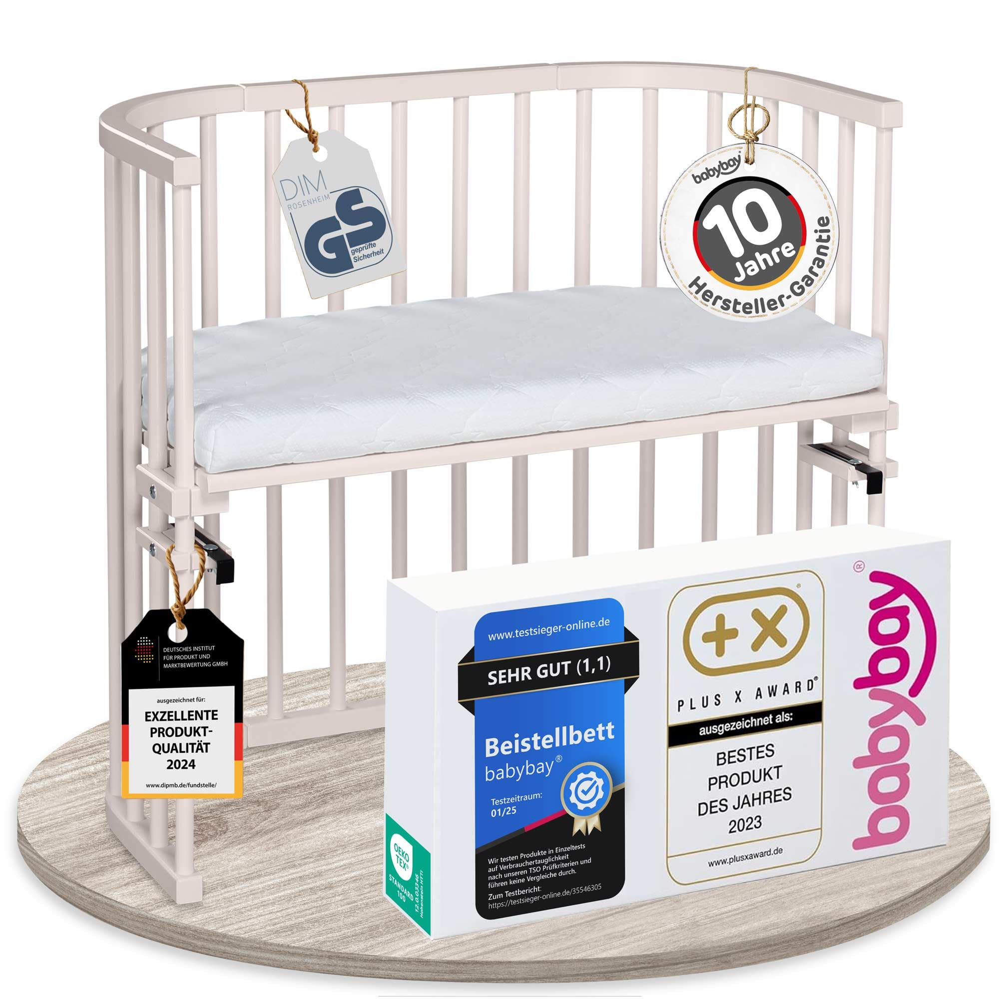 babybay Original Beistellbett aus massivem Buchenholz / kompakt & verwandelbar / Kinderbett Höhe stufenlos verstellbar & umweltfreundlich / mitwachsendes Babybett (weiß lackiert) / inkl. Matratze