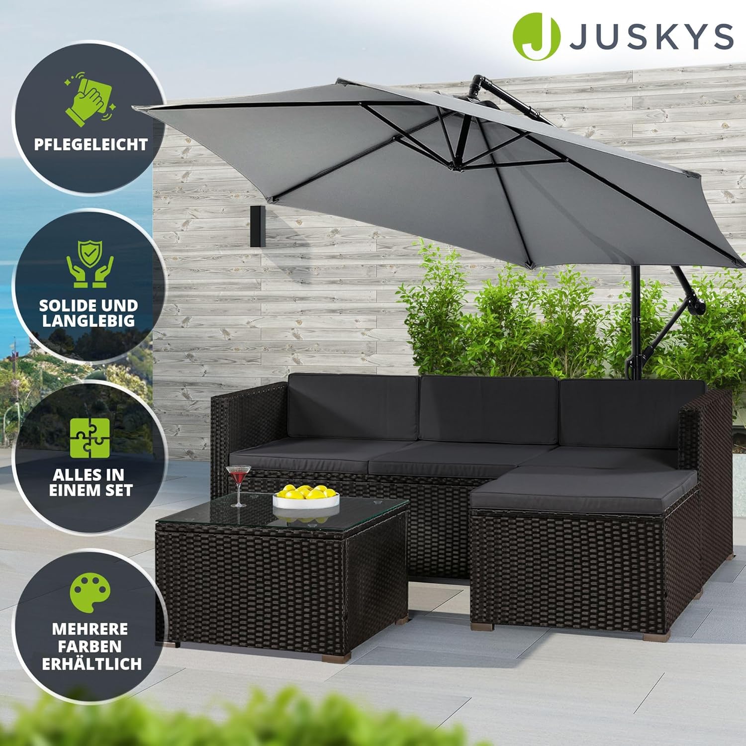 Juskys Polyrattan Lounge Punta Cana M für 3-4 Personen mit 3er Sofa, Sessel, Tisch & Kissen, Sitzgruppe für Garten, Terrasse und Balkon, Gartenmöbel Set wetterfest - schwarz/grau