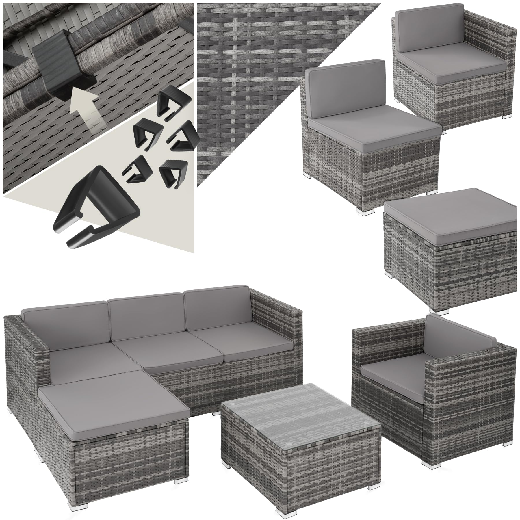 tectake® Poly Rattan Lounge, Outdoor Sitzgruppe, Set mit Sofa, 2 Sesseln, Hocker, Tisch, frei kombinierbar, Gartenmöbel für 5-6 Personen, für Garten Terrasse Balkon, inkl. Polster - schwarz