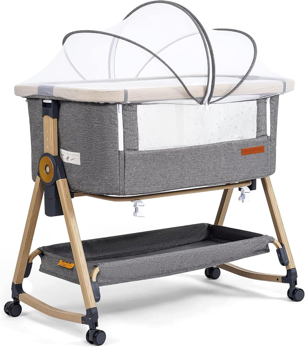 Maydolly 3-in-1 Baby Beistellbett – Vielseitiges Beistellbett, Reisebett & Stubenwagen inklusive Matratze & Moskitonetz – Höhenverstellbar mit Rollen, klappbar und mit Tragetasche – Grau