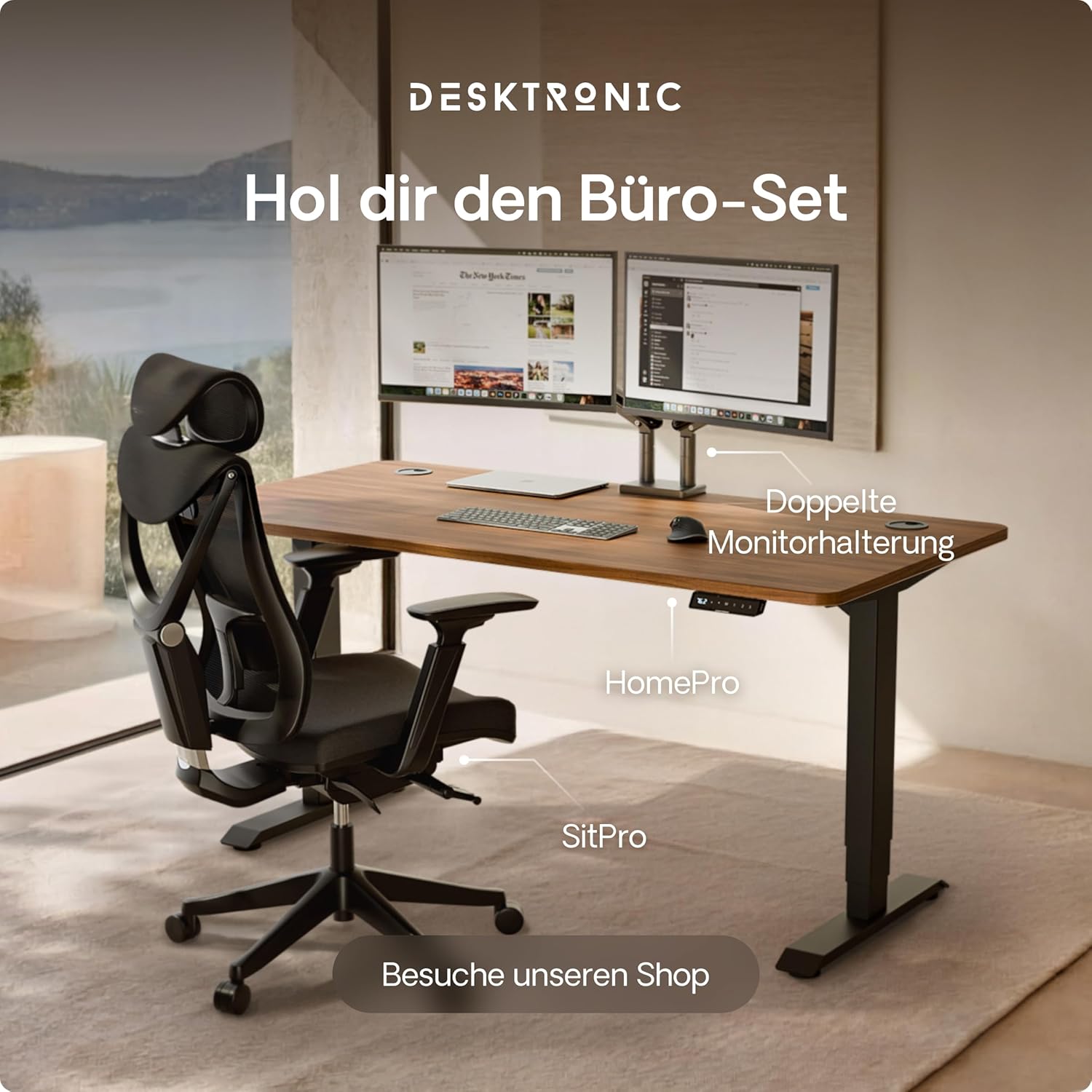 Desktronic HomePro Höhenverstellbarer Schreibtisch 160 × 80 cm – Elektrischer Schreibtisch Mit Zwei Elektrischen Motoren, Touchscreen-Steuerung und Integrierten USB-A- und USB-C-Ladeanschlüssen