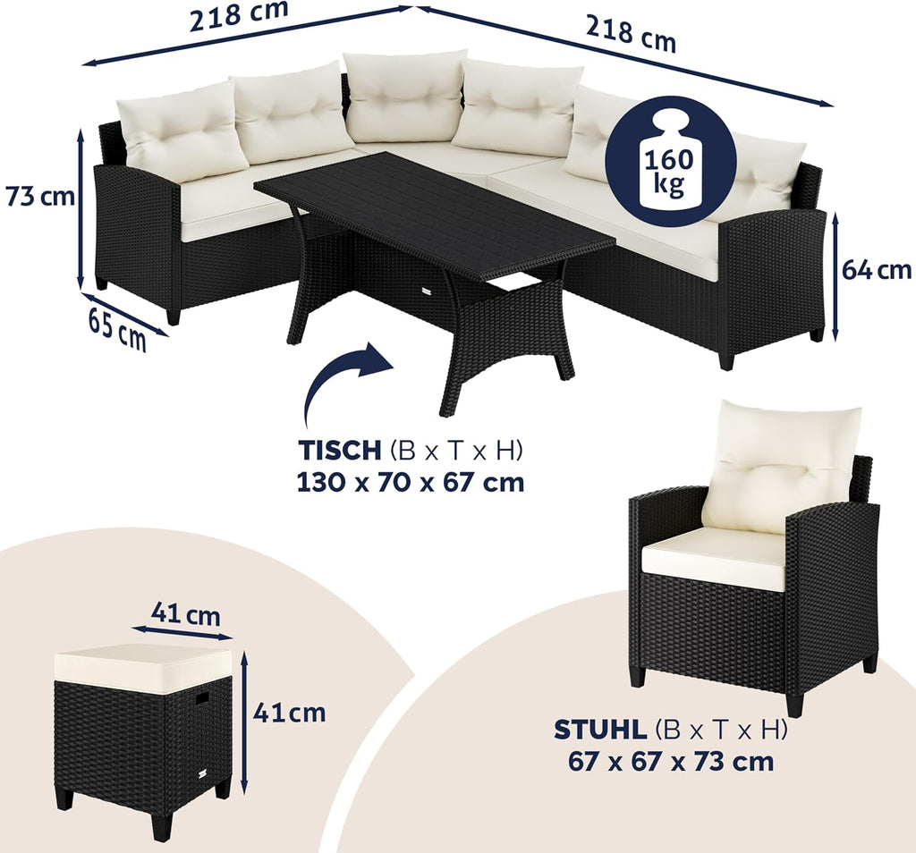 Casaria® Polyrattan Ecklounge Set WPC Esstisch Ecksofa Sessel 2 Hocker inkl. Sitzauflagen Kissen Wetterfest Outdoor Lounge Garten Terrasse Balkon Möbel