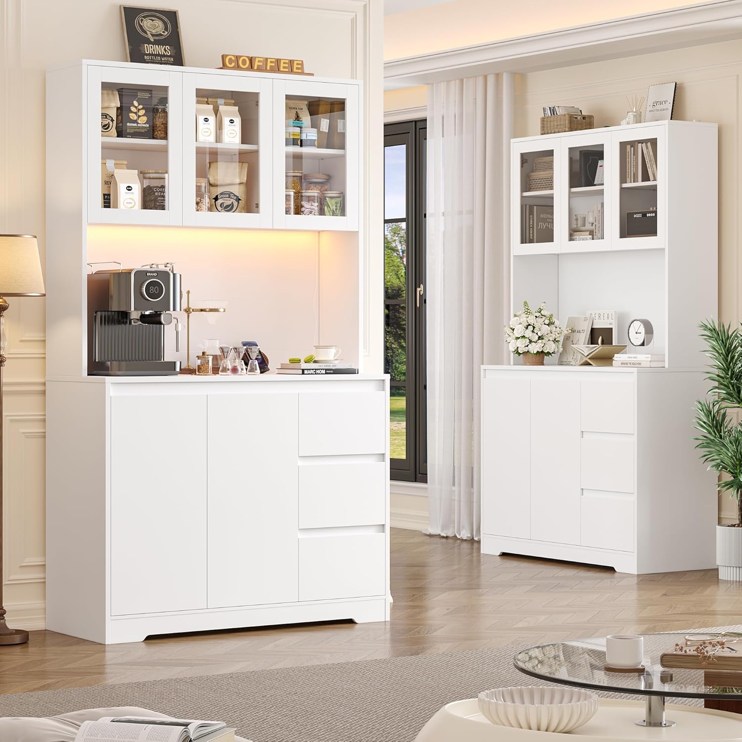 FirFurd Küchenschrank mit LED und Steckdosenleiste Buffetschrank Küchenschrank mit Arbeitsplatte und 3 Schubladen Küchenbuffet mit Verstellbares Regal Sideboard für Küche 180x100x38.5 cm weiß