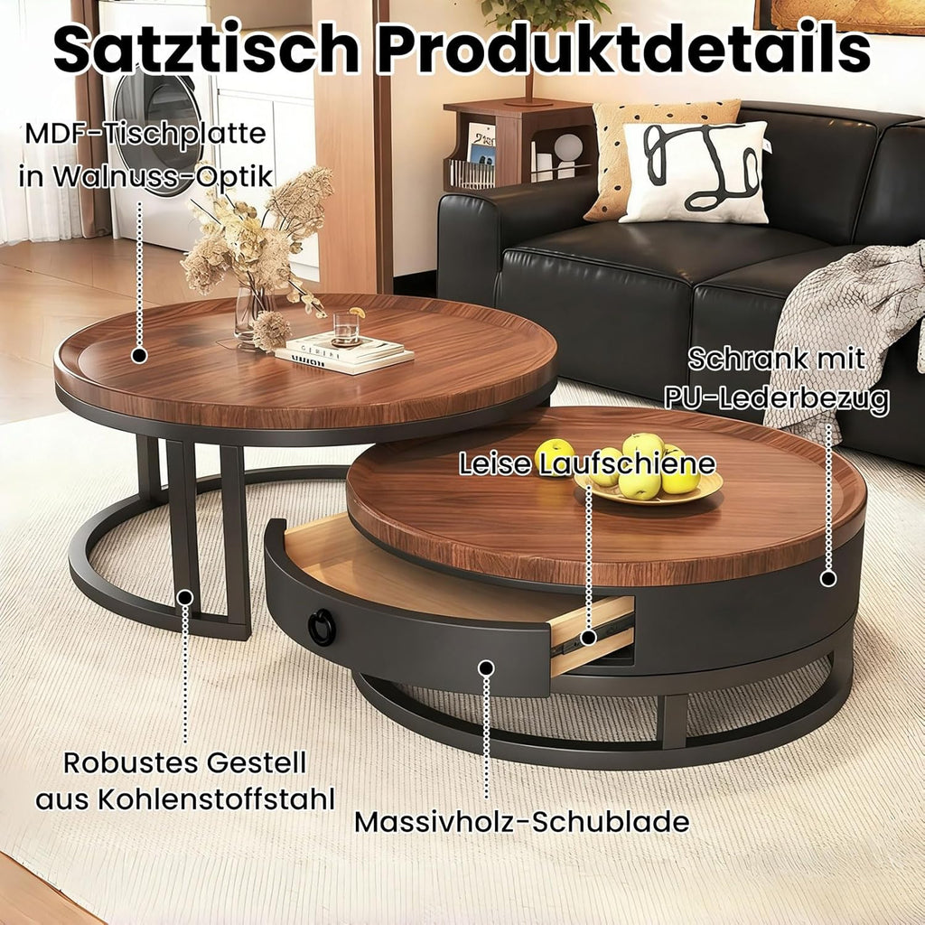 Generisch Couchtisch rund 2er Set mit Stauraum, Wohnzimmertisch mit Holz Schubladen, Walnussoptik und Metallrahmen, Moderne Kaffeetische Satztische Sofatisch für Wohnzimmer Schlafzimmer