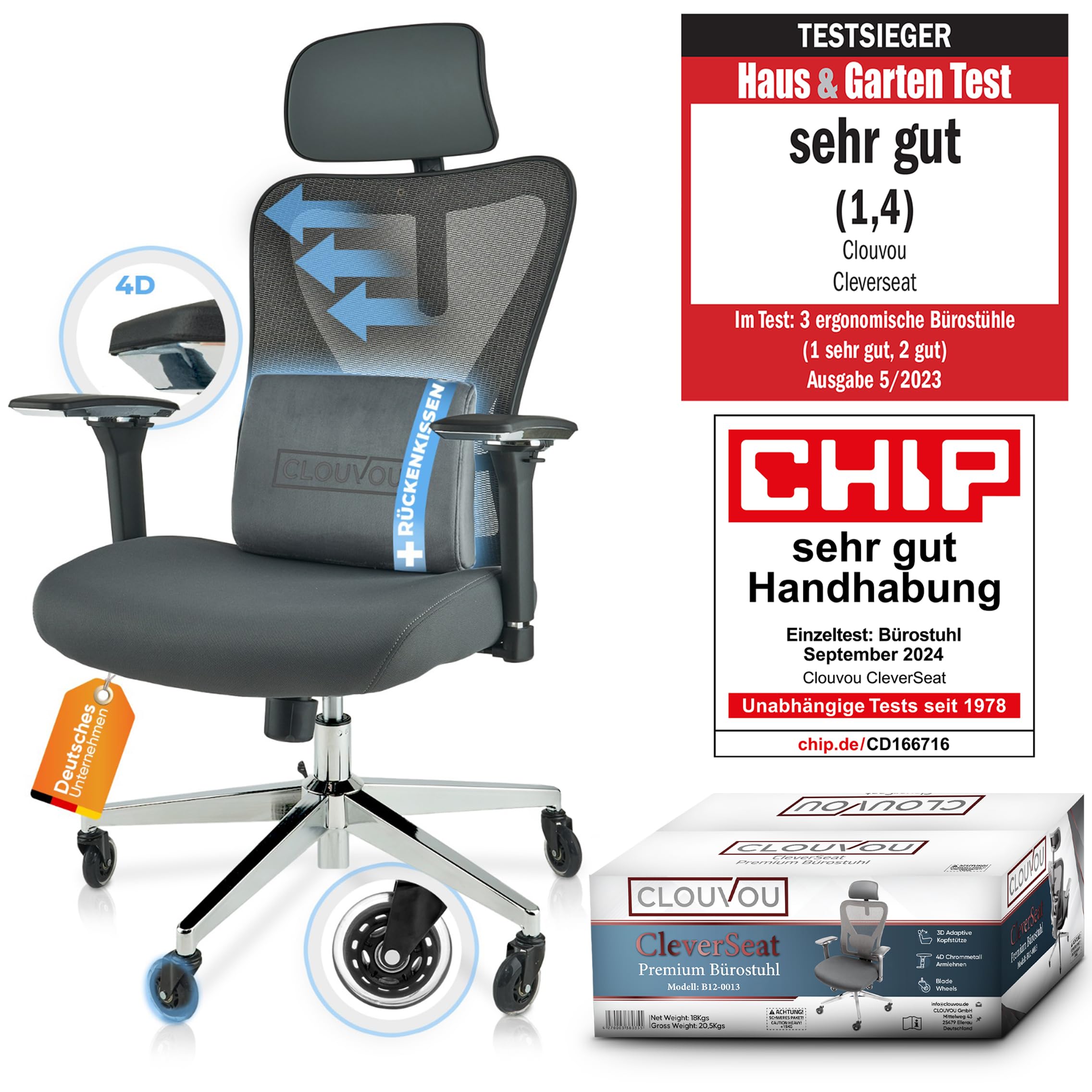 CLOUVOU BrightSeat Bürostuhl Ergonomisch [TESTSIEGER] Schreibtischstuhl 100% individuell einstellbar | Büro Stuhl & Gaming Stuhl | Computerstuhl Home Office Chair Ergonomic | Drehstuhl 150 kg