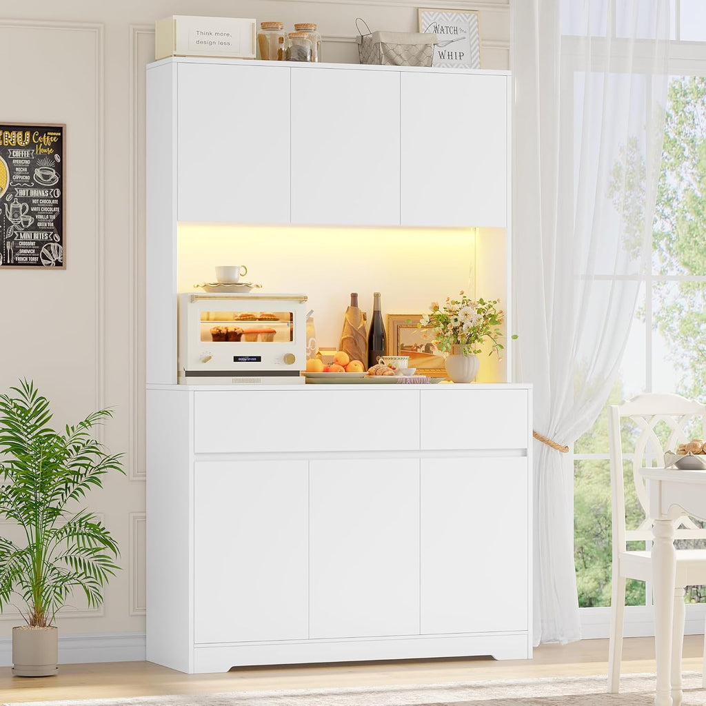 FirFurd Küchenschrank Buffetschrank mit LED und Steckdose Küchenschrank mit Arbeitsplatte Sideboard für Küche Wohnzimmer Esszimmer Küchenbuffet 180x100x38,5cm weiß