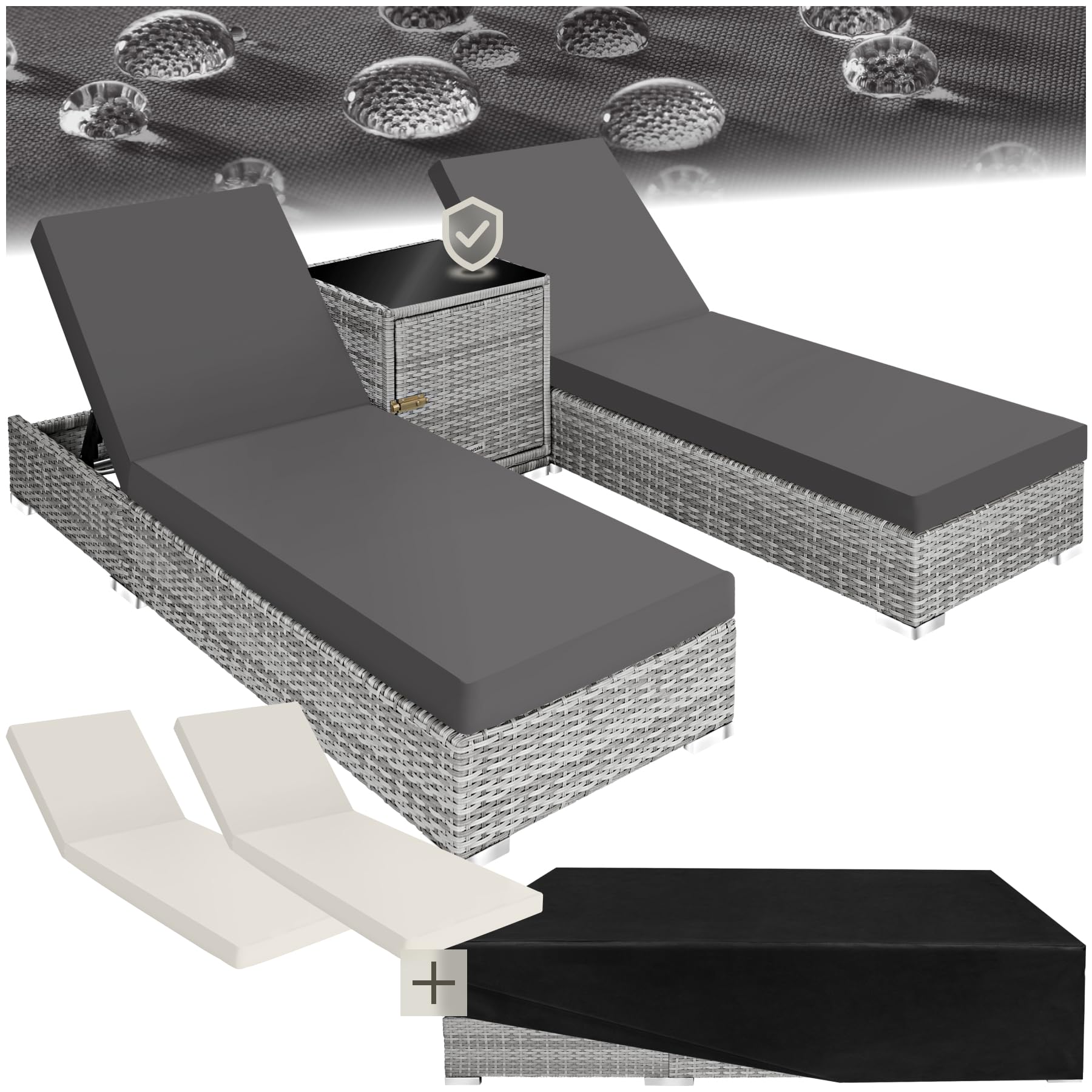 tectake® 2er Garten Lounge Sonnenliegen Set mit Tisch, Aluminium Gartenliege, Gartenlounge Outdoor, Relaxliege inkl. 2 Bezugsets und Schutzhülle, Outdoor Poly Rattan Gartenmöbel Set, 2er Set - grau