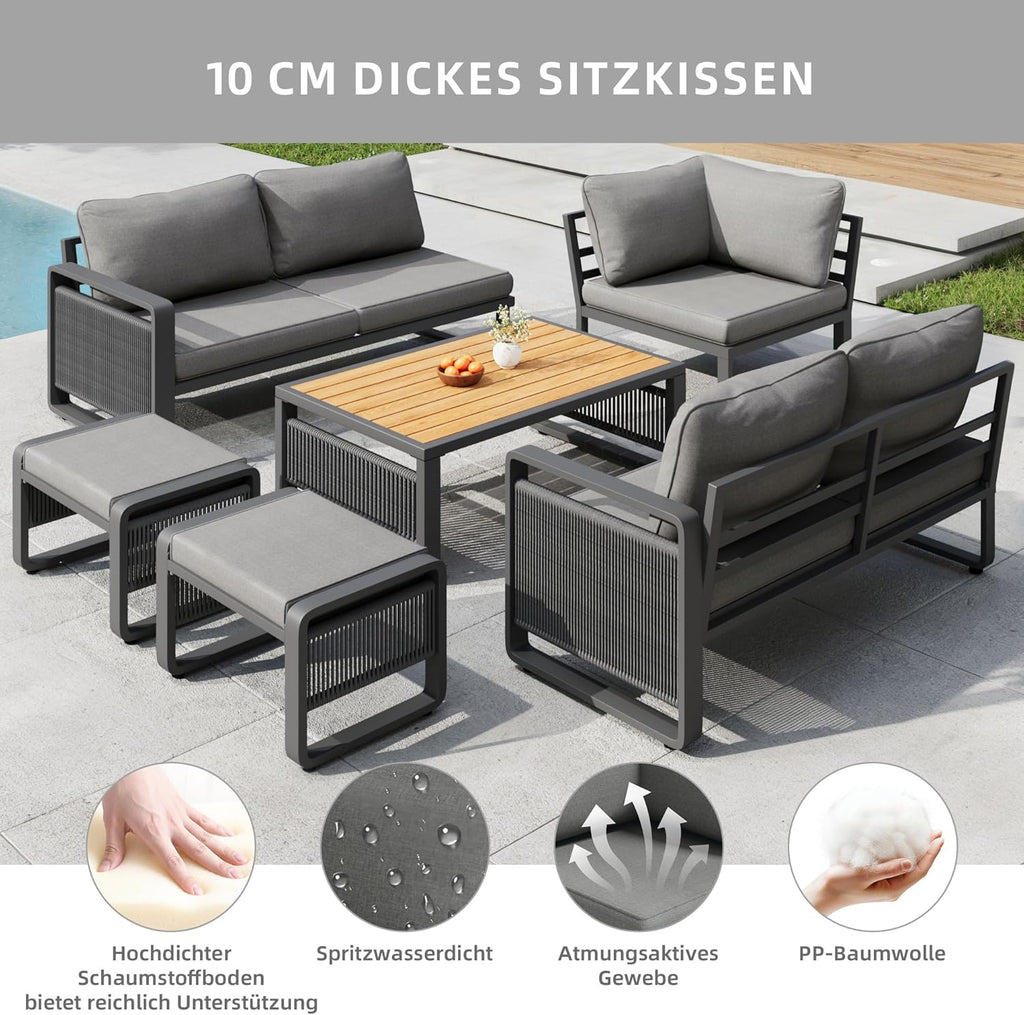 Merax Gartenmöbel Lounge Set 6-7 Personen, Gartensofa Eckgarnitur mit Liege, Handgewebtes Seil Outdoor Sofa, Wetterfestes Gartenmöbel Set für Terrasse, Balkon, Garten, Grau