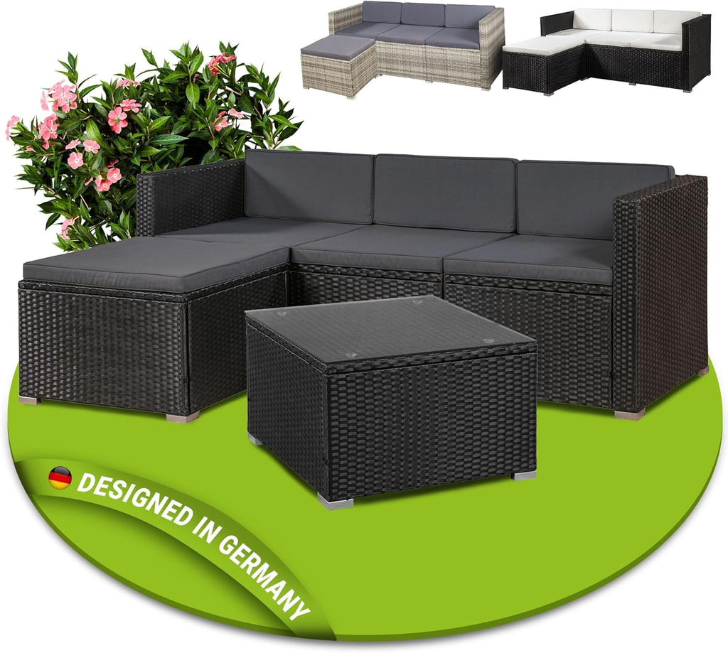 Juskys Polyrattan Lounge Punta Cana M für 3-4 Personen mit 3er Sofa, Sessel, Tisch & Kissen, Sitzgruppe für Garten, Terrasse und Balkon, Gartenmöbel Set wetterfest - schwarz/grau