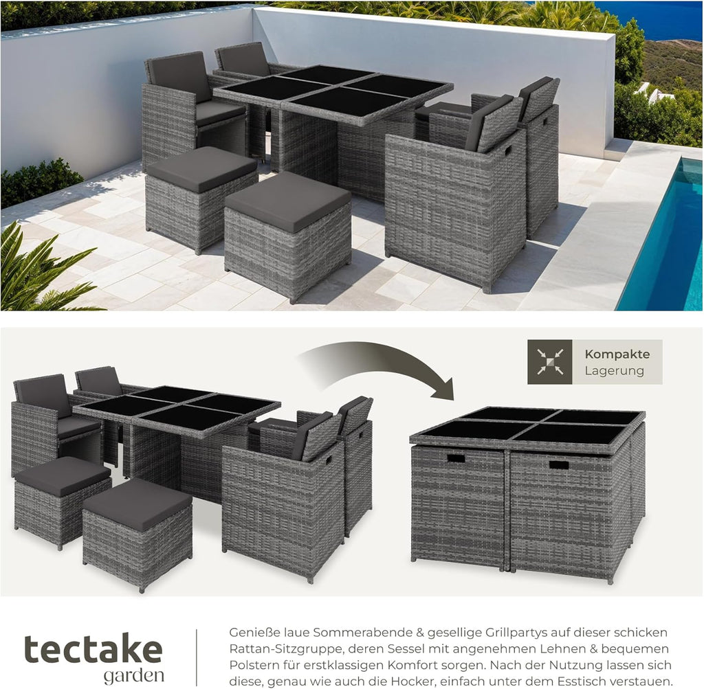 tectake® Rattan Lounge Möbel Set mit Aluminium Gestell, 4 Stühle, 4 Hocker, Tisch, platzsparende Aufbewahrung, Outdoor Rattan Gartenmöbel für Garten Terrasse, mit Abdeckung und 2 Bezugssets - grau