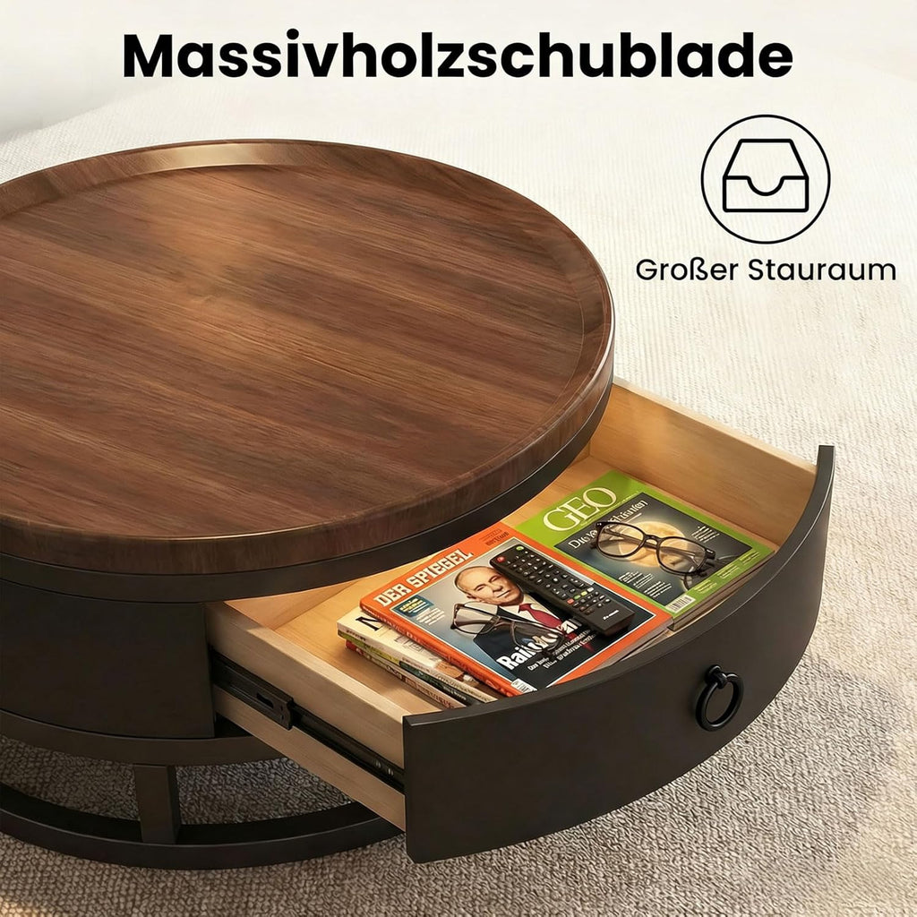 Generisch Couchtisch rund 2er Set mit Stauraum, Wohnzimmertisch mit Holz Schubladen, Walnussoptik und Metallrahmen, Moderne Kaffeetische Satztische Sofatisch für Wohnzimmer Schlafzimmer