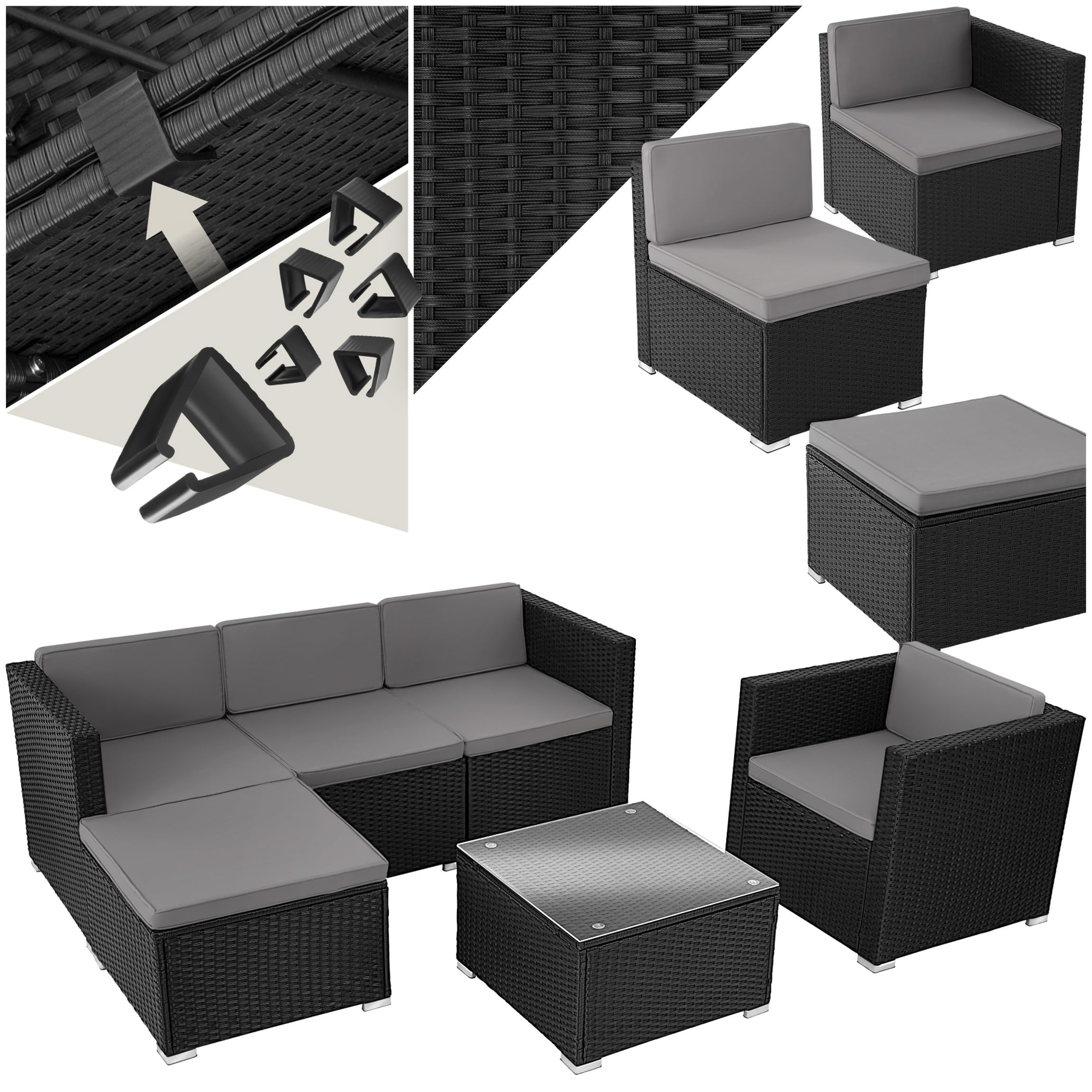 tectake® Poly Rattan Lounge, Outdoor Sitzgruppe, Set mit Sofa, 2 Sesseln, Hocker, Tisch, frei kombinierbar, Gartenmöbel für 5-6 Personen, für Garten Terrasse Balkon, inkl. Polster - schwarz
