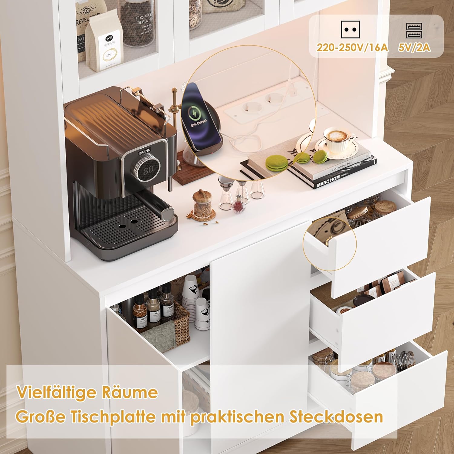 FirFurd Küchenschrank mit LED und Steckdosenleiste Buffetschrank Küchenschrank mit Arbeitsplatte und 3 Schubladen Küchenbuffet mit Verstellbares Regal Sideboard für Küche 180x100x38.5 cm weiß