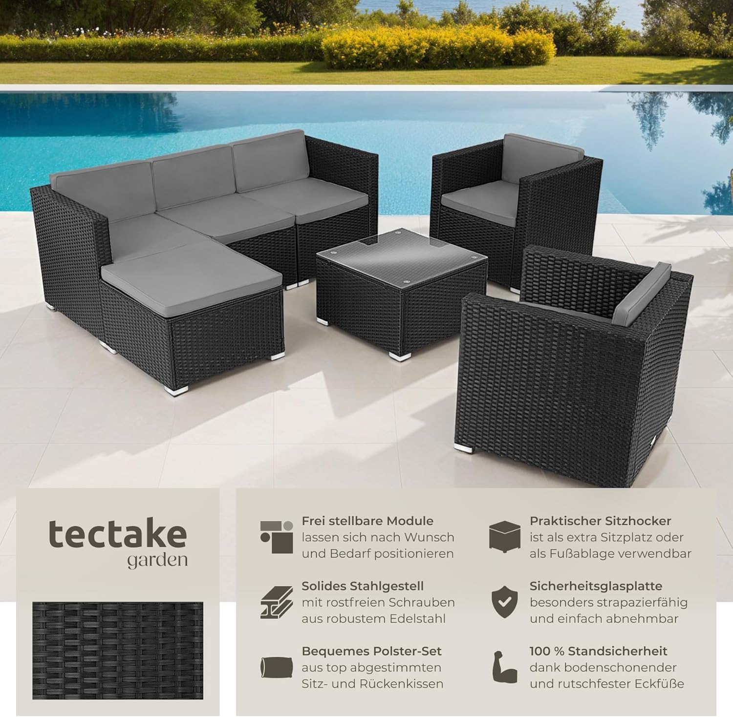 tectake® Poly Rattan Lounge, Outdoor Sitzgruppe, Set mit Sofa, 2 Sesseln, Hocker, Tisch, frei kombinierbar, Gartenmöbel für 5-6 Personen, für Garten Terrasse Balkon, inkl. Polster - schwarz
