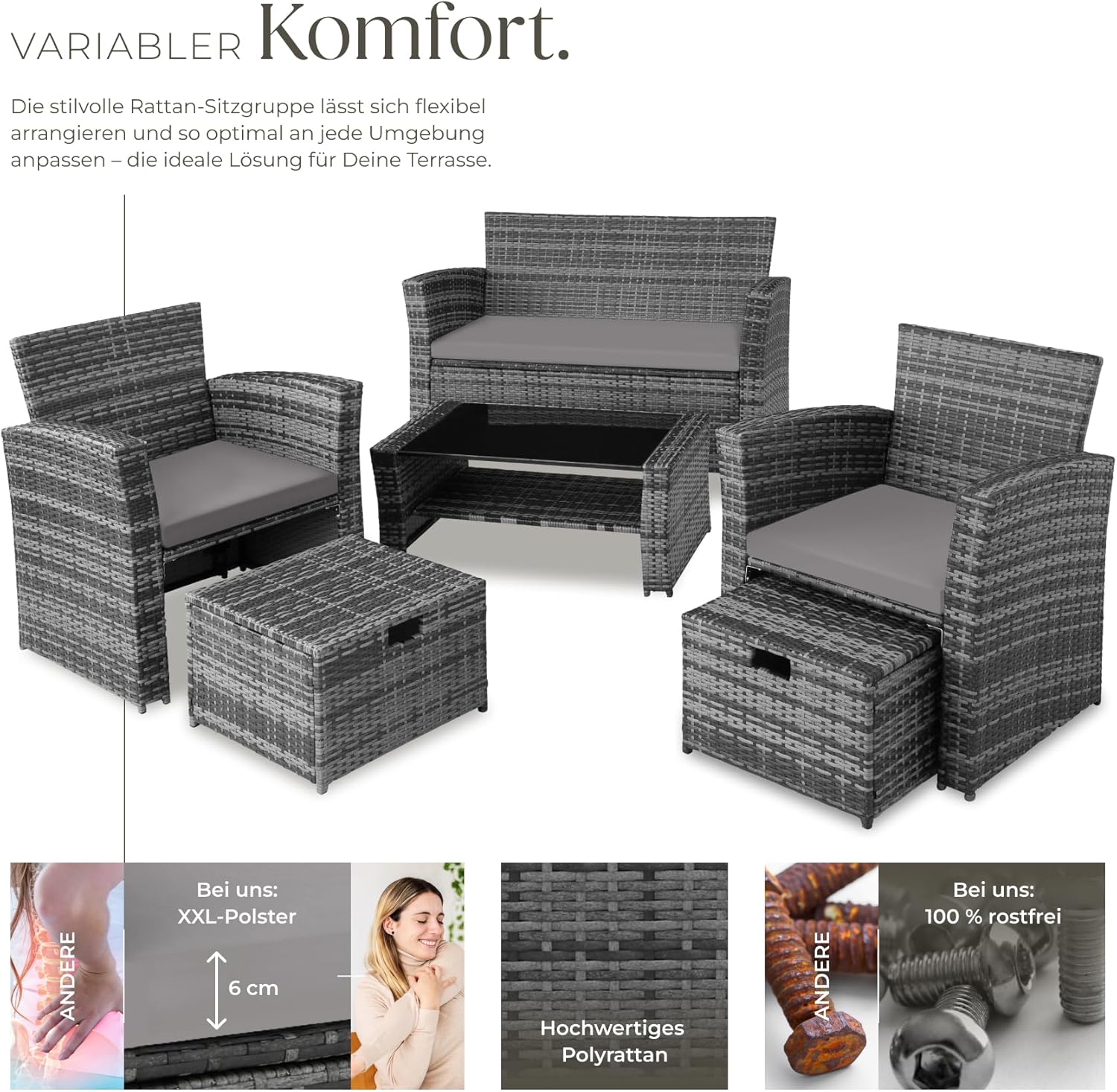 tectake Polyrattan Garten Sitzgruppe für 4 Personen mit Hocker, Rattan Gartenmöbel Set mit eingebauter Auflagenbox in der Sitzbank, Garten und Balkon Möbel - grau