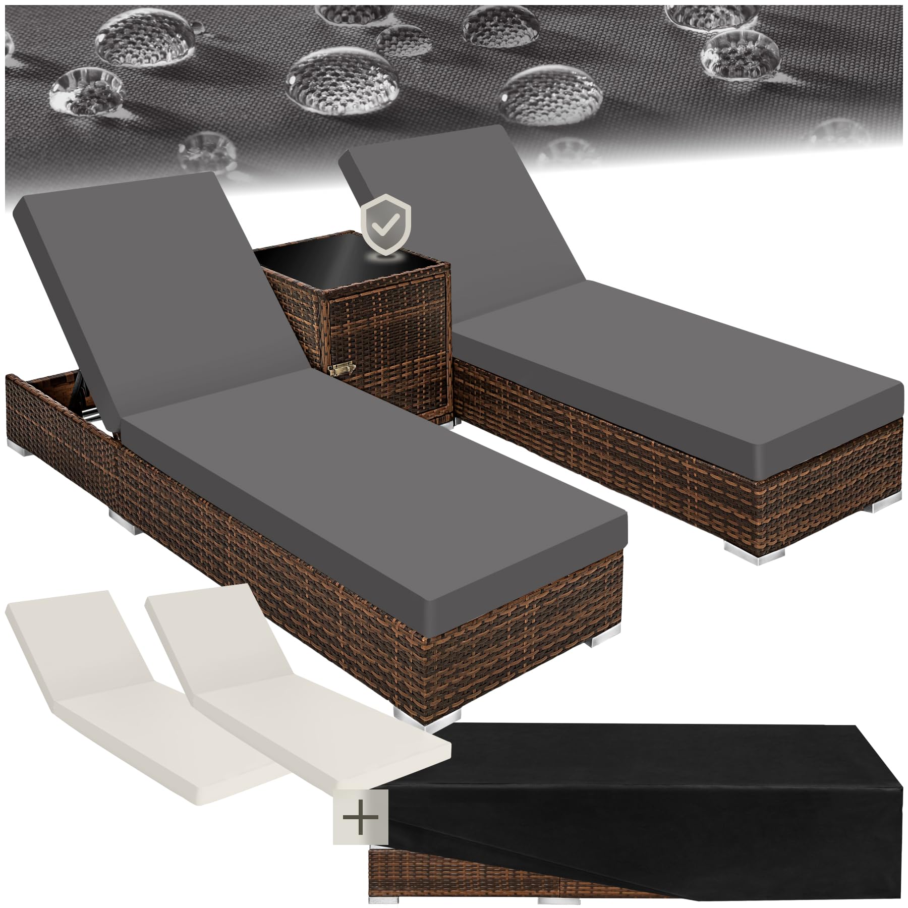 tectake® 2er Garten Lounge Sonnenliegen Set mit Tisch, Aluminium Gartenliege, Gartenlounge Outdoor, Relaxliege inkl. 2 Bezugsets und Schutzhülle, Outdoor Poly Rattan Gartenmöbel Set, 2er Set - grau