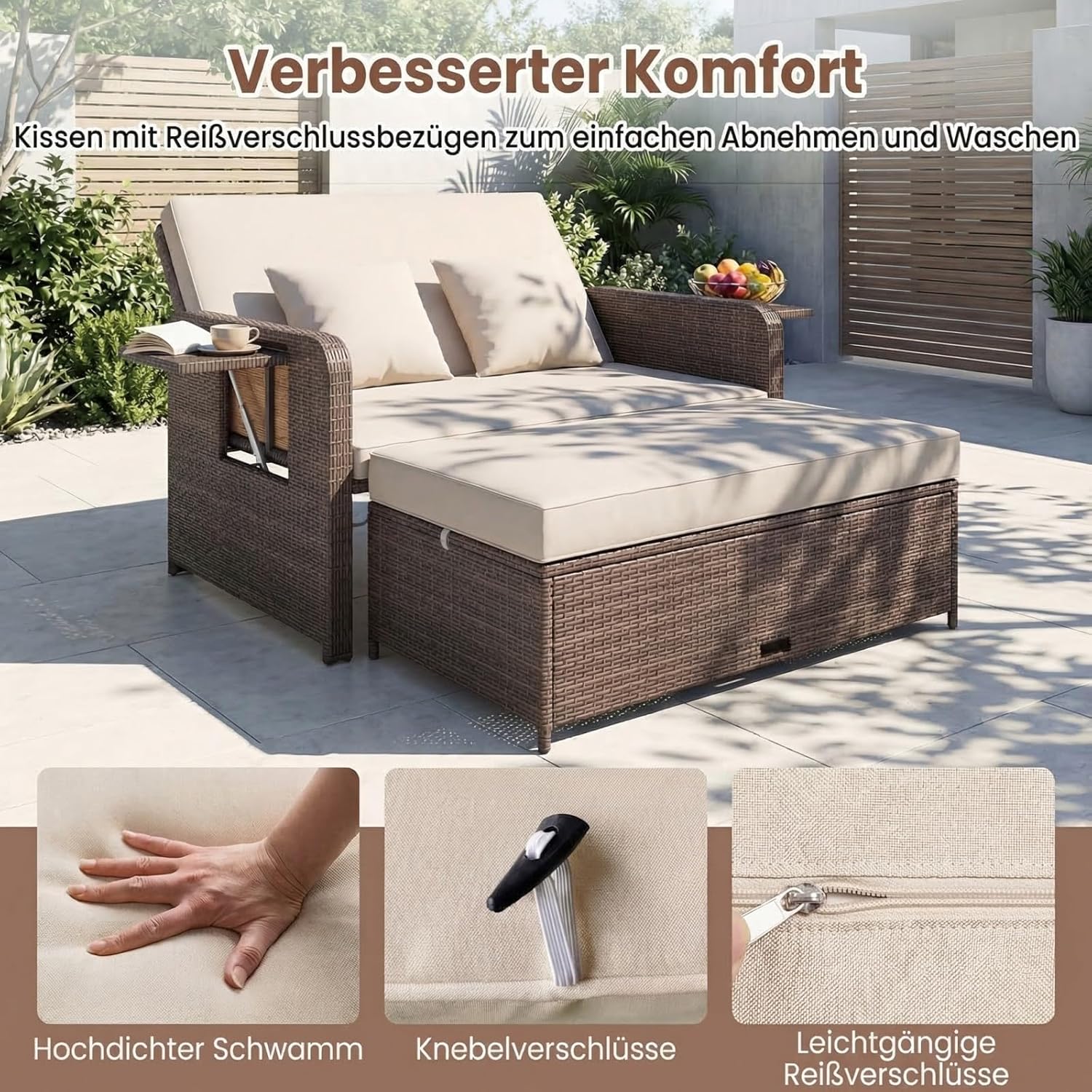GIANTEX Lounge Möbel Outdoor, Rattan Gartenlounge Set mit Hocker, Gartensofa mit Liegefunktion, Balkon Lounge Set, Doppelliege Outdoor Sofa, Balkonmöbel Sonneninsel Loungebett mit stauraum | Drei in einem Design