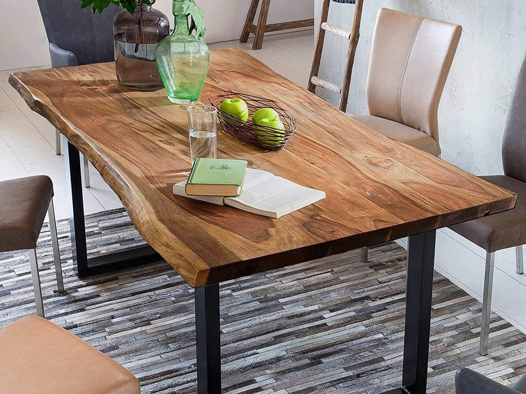 SAM Baumkantentisch 220x100 cm Quarto, Akazienholz massiv + nussbaumfarben, Esstisch mit schwarzem U-Gestell, Esszimmertisch/Holztisch Industrial-Design, Tischplatte 26 mm