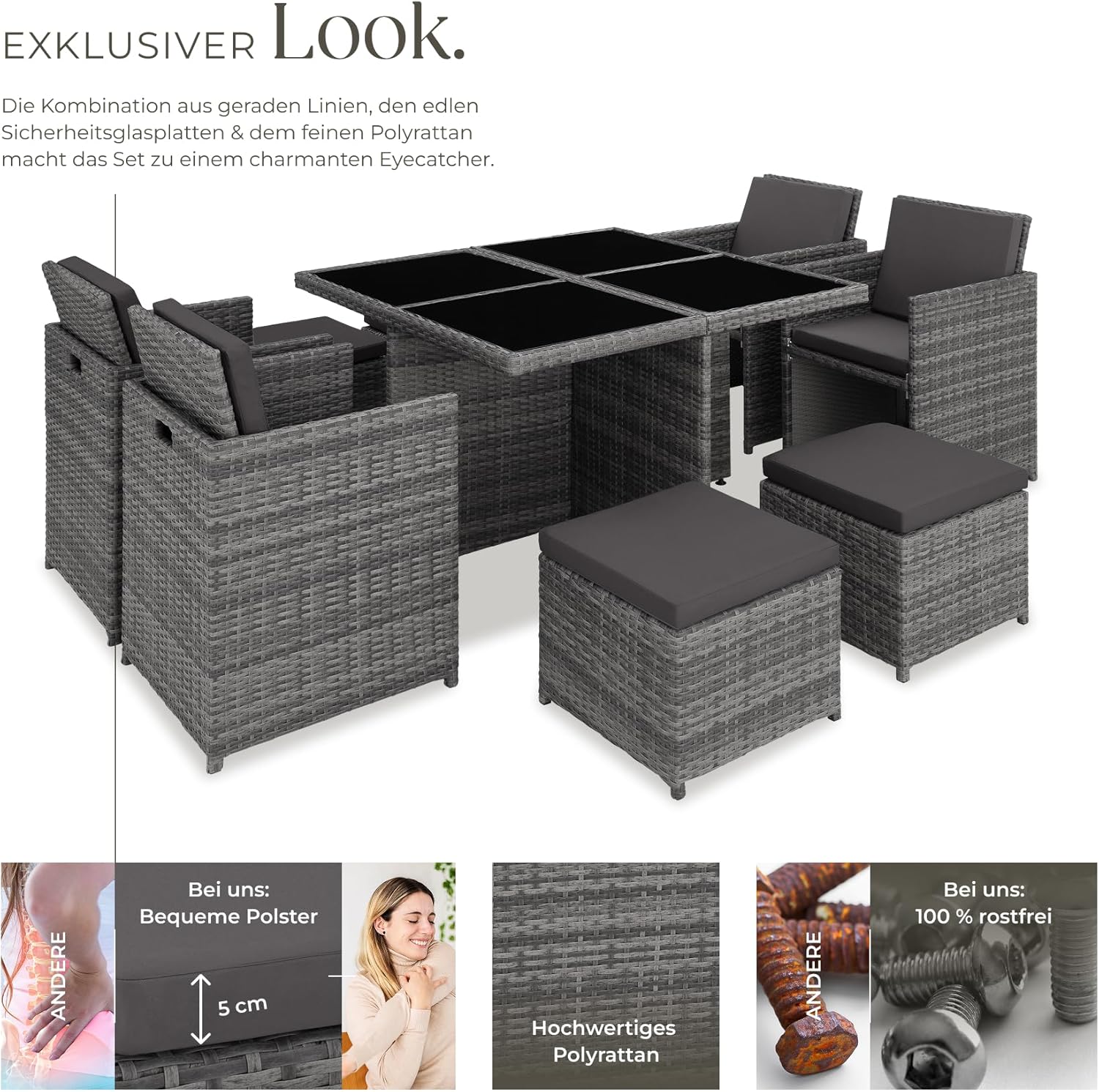 tectake® Rattan Lounge Möbel Set mit Aluminium Gestell, 4 Stühle, 4 Hocker, Tisch, platzsparende Aufbewahrung, Outdoor Rattan Gartenmöbel für Garten Terrasse, mit Abdeckung und 2 Bezugssets - grau