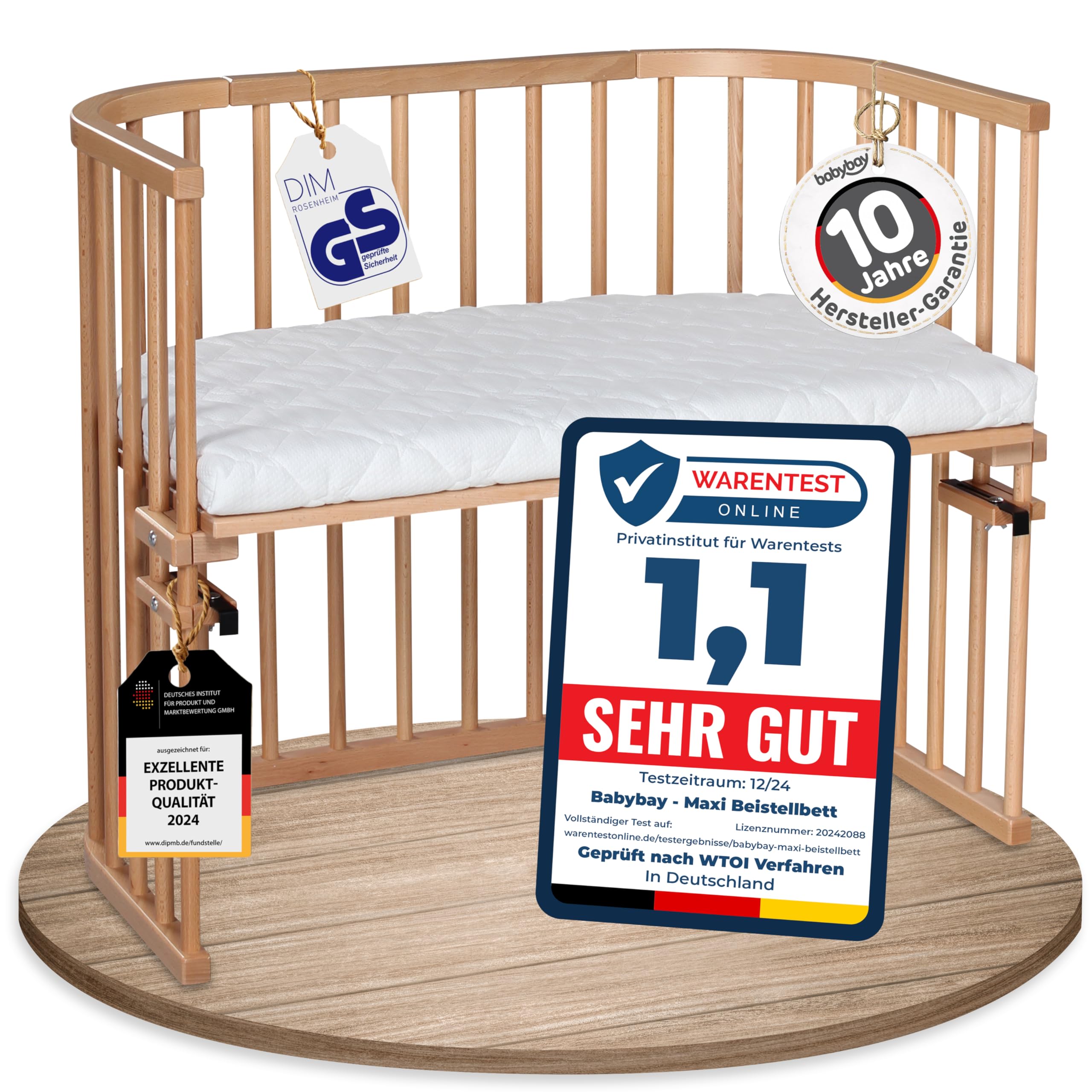 babybay Original Beistellbett aus massivem Buchenholz / kompakt & verwandelbar / Kinderbett Höhe stufenlos verstellbar & umweltfreundlich / mitwachsendes Babybett (weiß lackiert) / inkl. Matratze