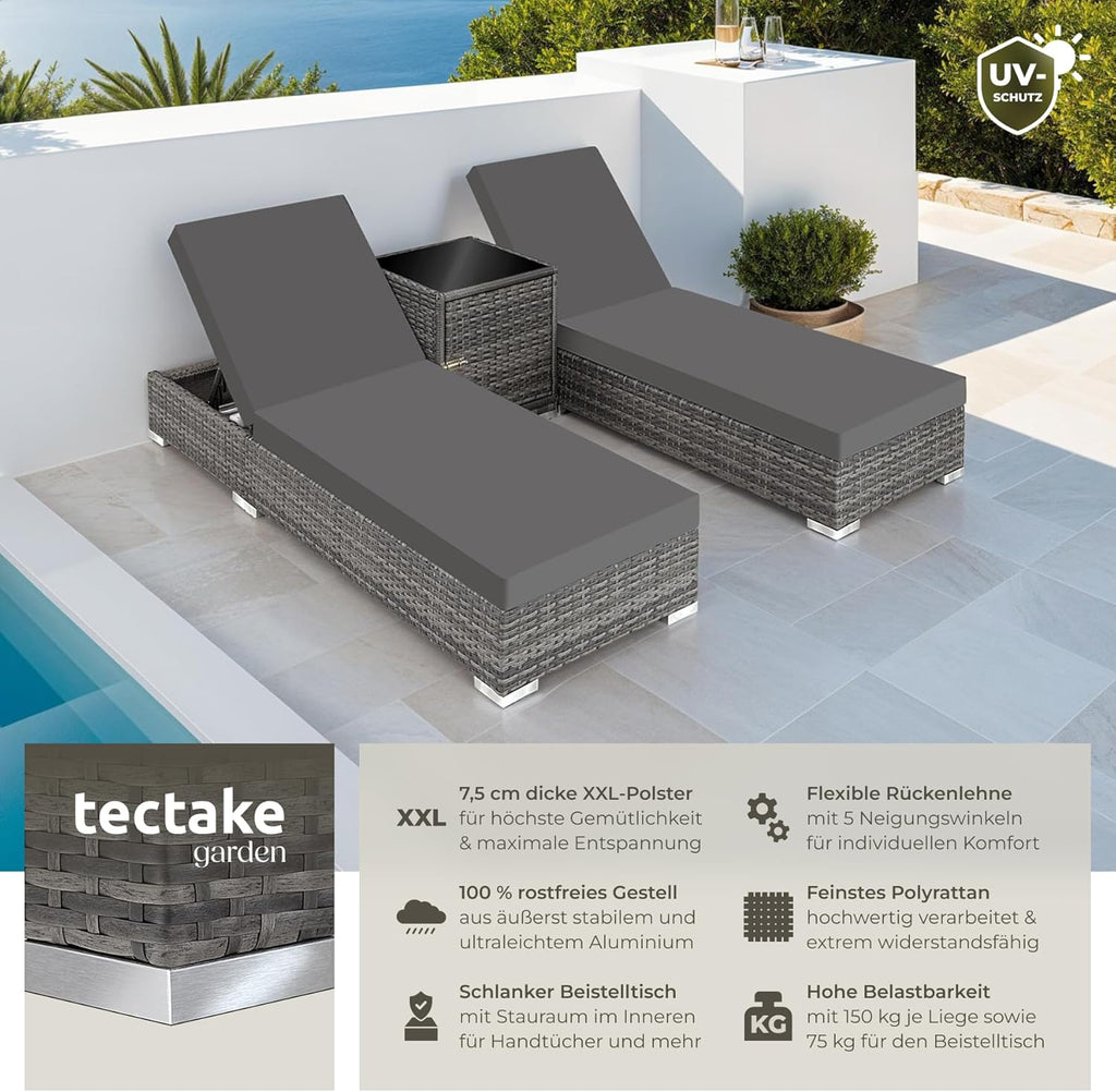 tectake® 2er Garten Lounge Sonnenliegen Set mit Tisch, Aluminium Gartenliege, Gartenlounge Outdoor, Relaxliege inkl. 2 Bezugsets und Schutzhülle, Outdoor Poly Rattan Gartenmöbel Set, 2er Set - grau