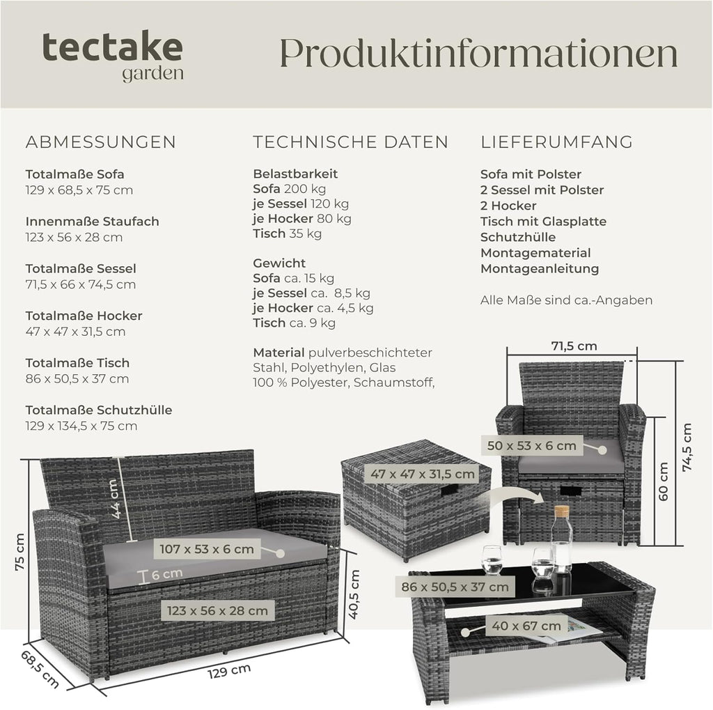 tectake Polyrattan Garten Sitzgruppe für 4 Personen mit Hocker, Rattan Gartenmöbel Set mit eingebauter Auflagenbox in der Sitzbank, Garten und Balkon Möbel - grau