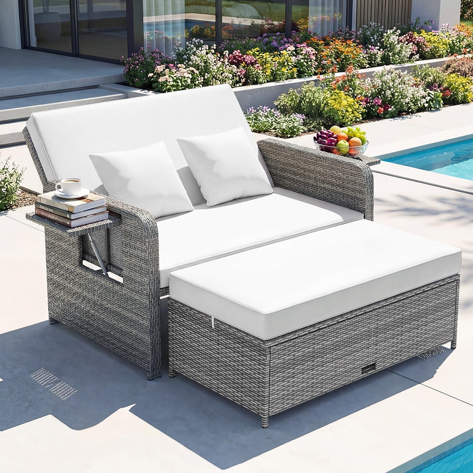 GIANTEX Lounge Möbel Outdoor, Rattan Gartenlounge Set mit Hocker, Gartensofa mit Liegefunktion, Balkon Lounge Set, Doppelliege Outdoor Sofa, Balkonmöbel Sonneninsel Loungebett mit stauraum | Drei in einem Design