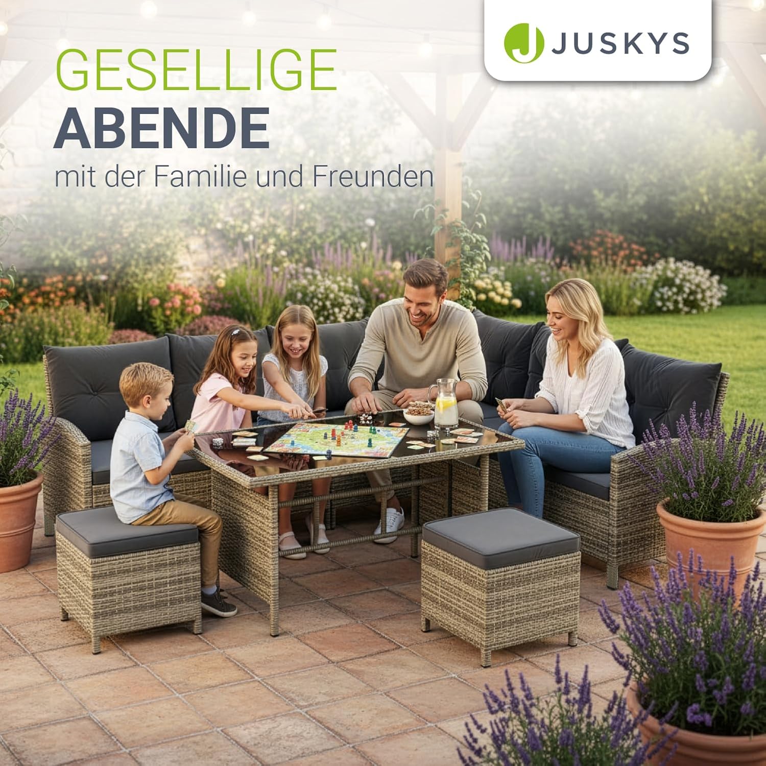 Juskys Polyrattan Lounge Manacor mit Ecksofa, Esstisch, 2 Hocker & Kissen - wetterfest bis 7 Personen - Bezüge waschbar - Rattan Garten Sitzgruppe Gartenlounge Gartenmöbel Set - Grau-meliert